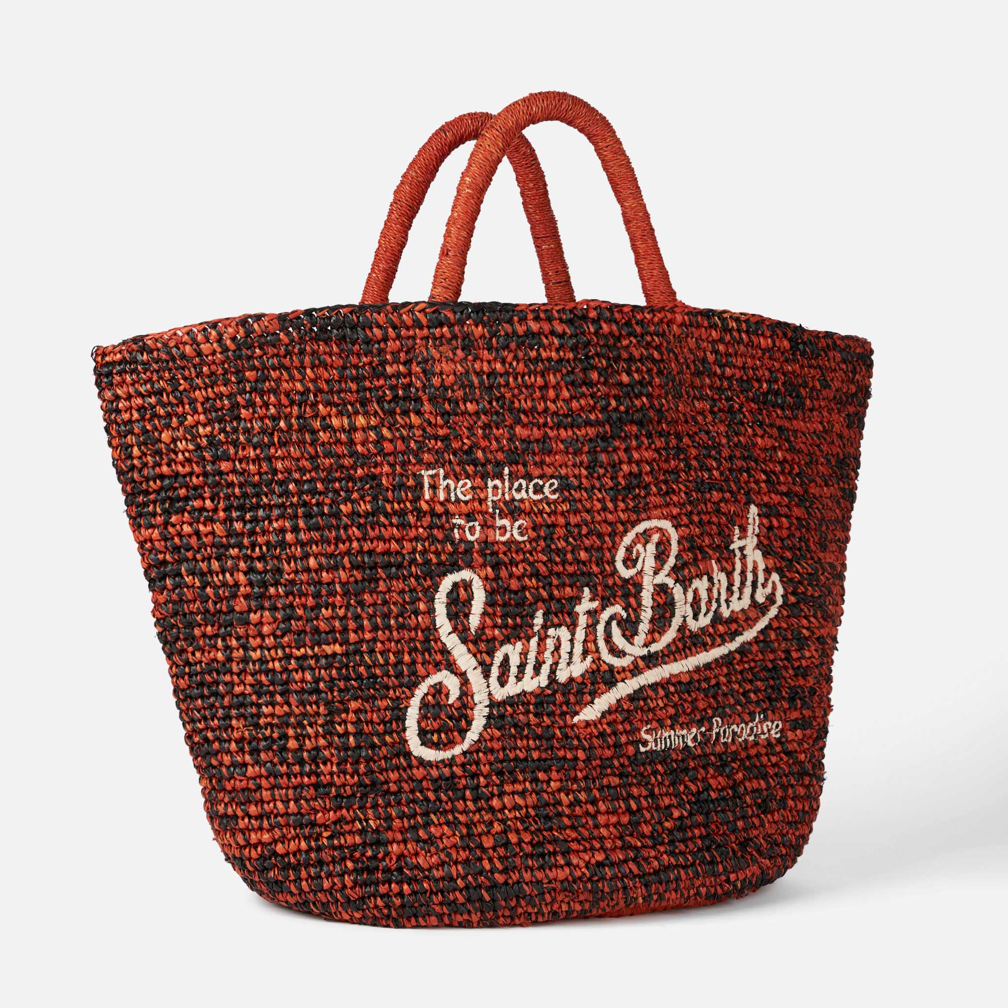 Borsa in rafia nera e arancione con ricamo frontale - Image 3