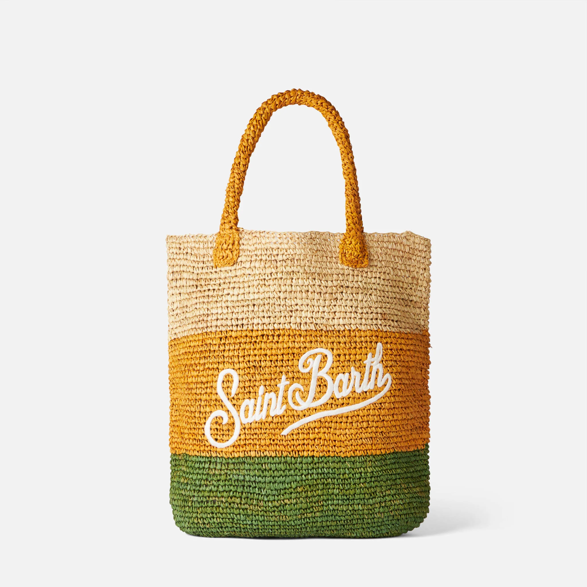 Borsa a secchiello in rafia con righe multicolore e ricami - Image 2