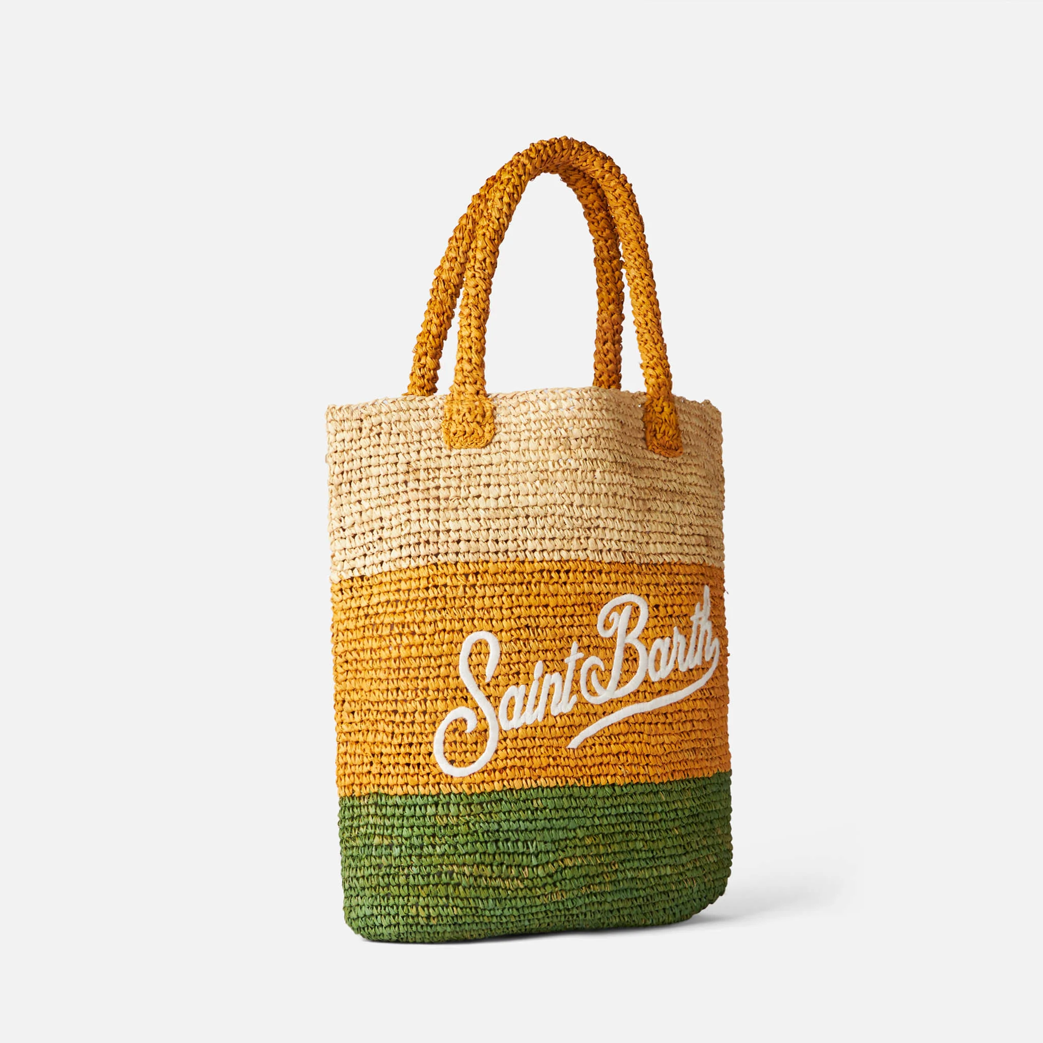 Borsa a secchiello in rafia con righe multicolore e ricami - Image 3