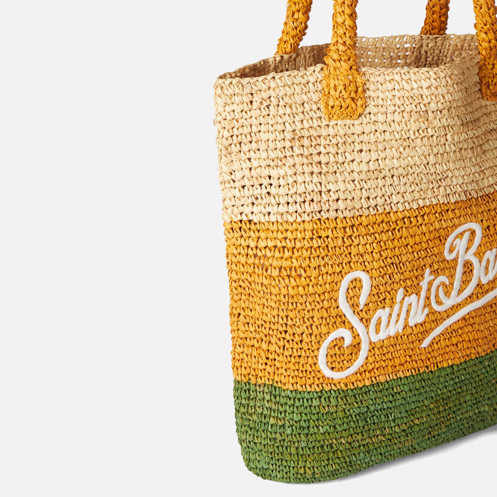 Borsa a secchiello in rafia con righe multicolore e ricami - Image 4