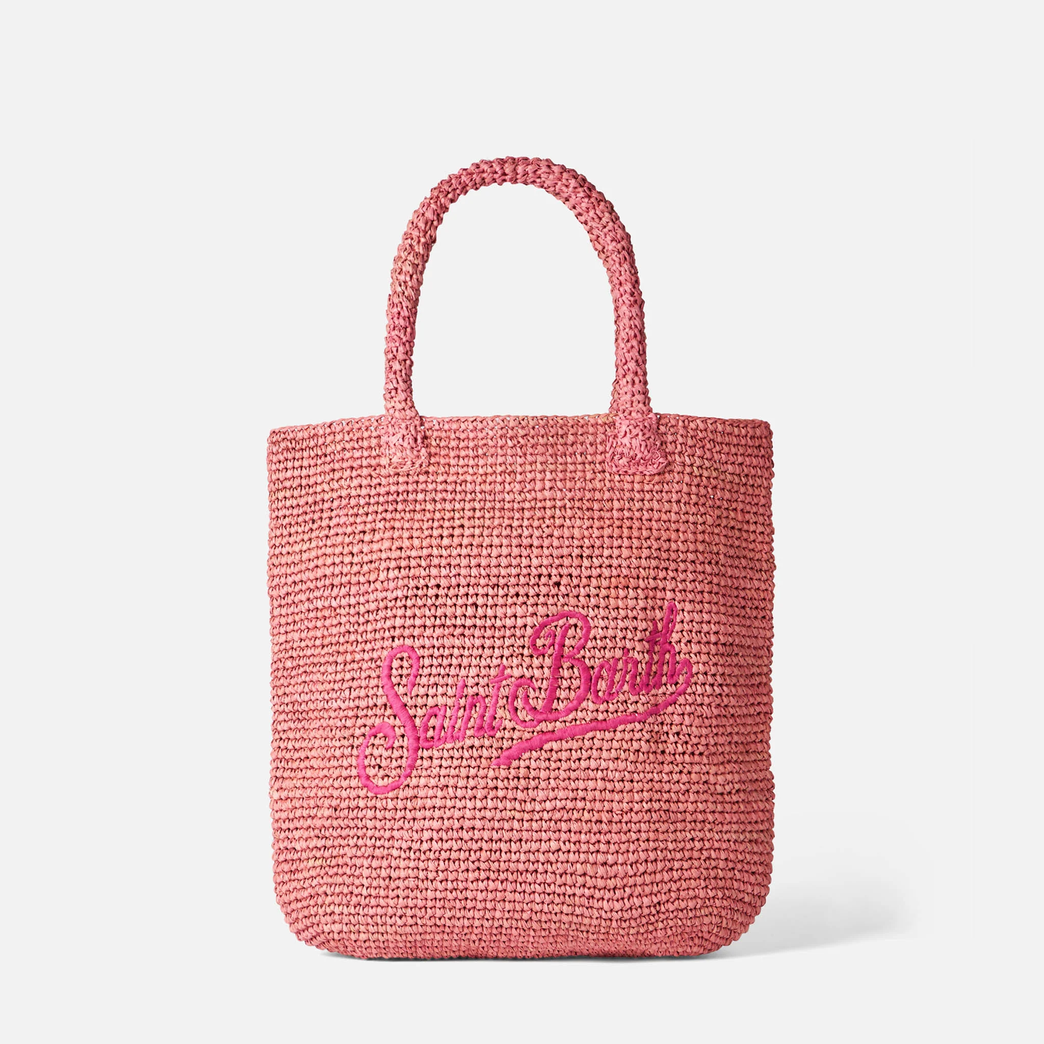 Borsa a secchiello in rafia rosa con ricami - Image 3