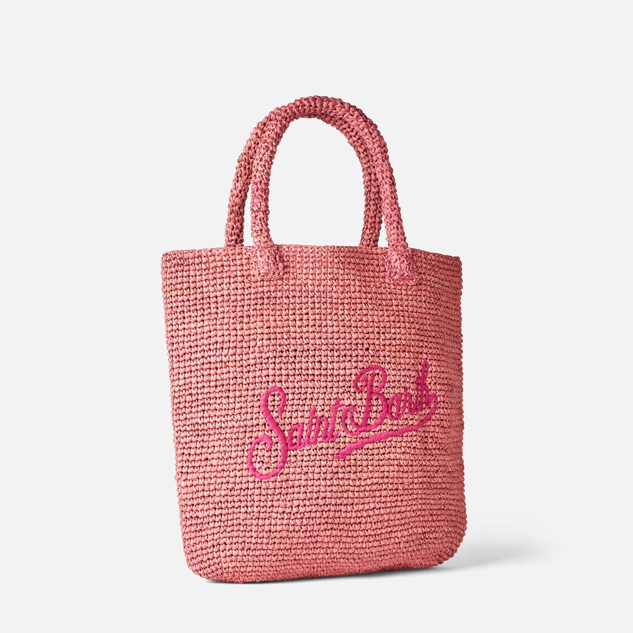 Borsa a secchiello in rafia rosa con ricami - Image 4