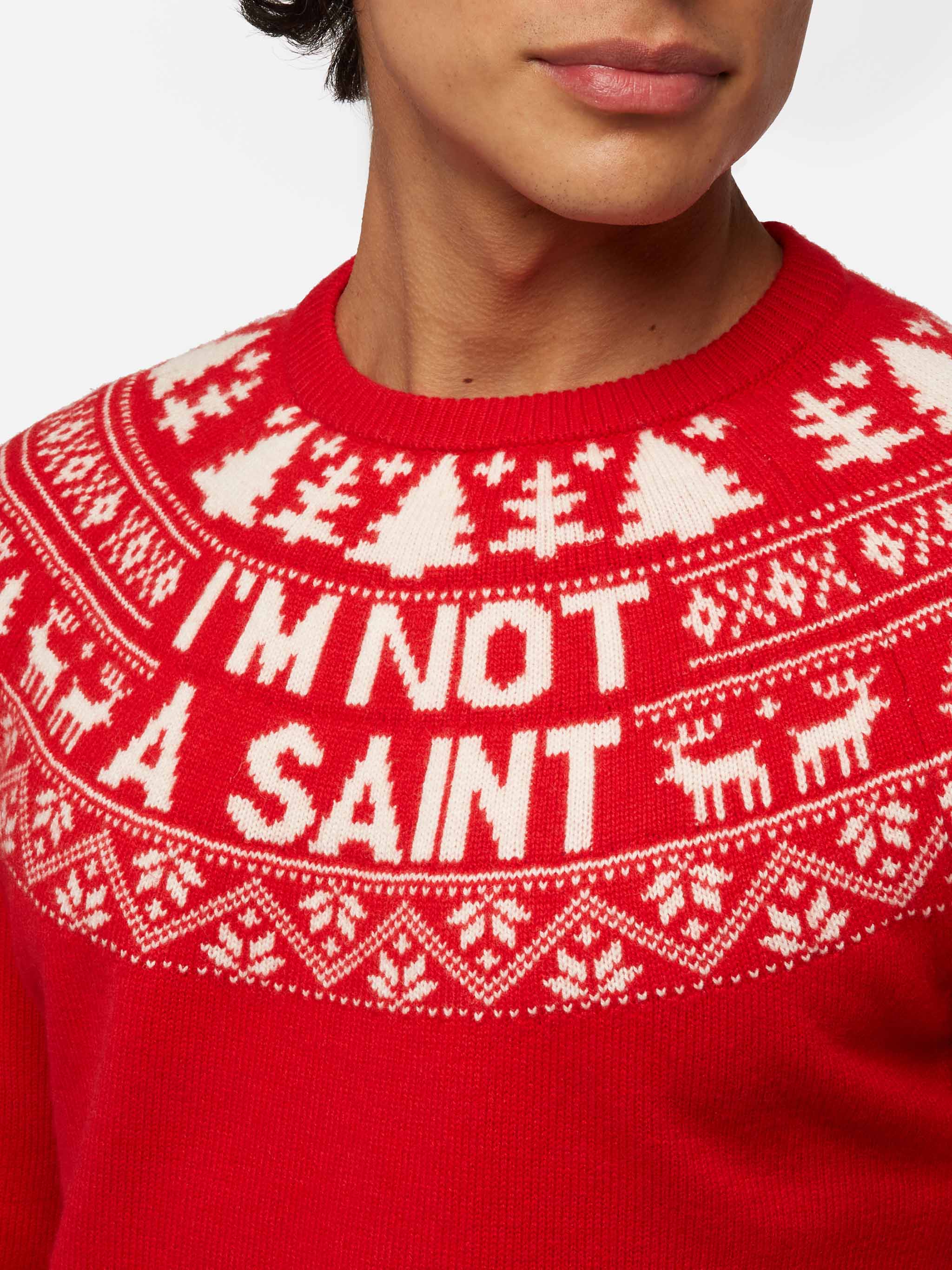Maglione rosso Heron con jacquard fair isle e jacquard I'm not a Saint - Image 2