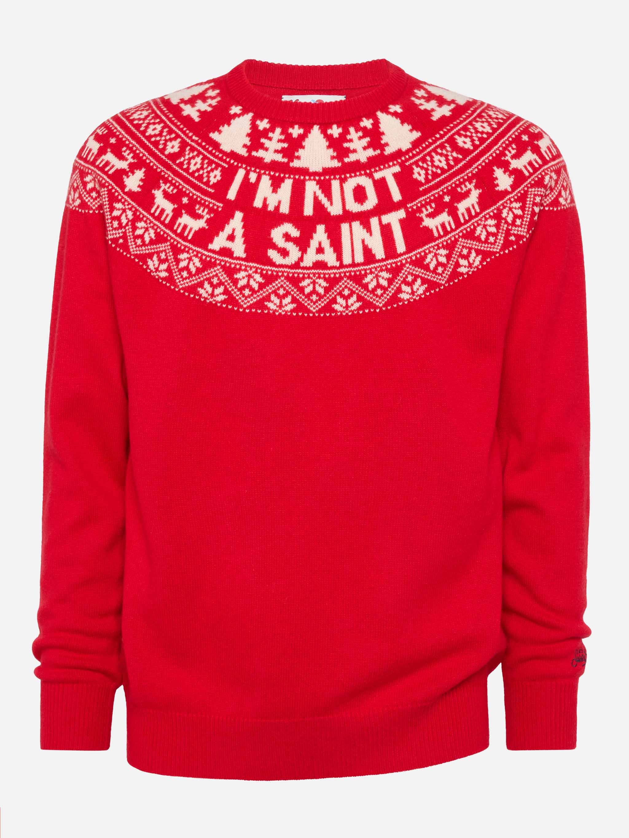 Maglione rosso Heron con jacquard fair isle e jacquard I'm not a Saint - Image 4