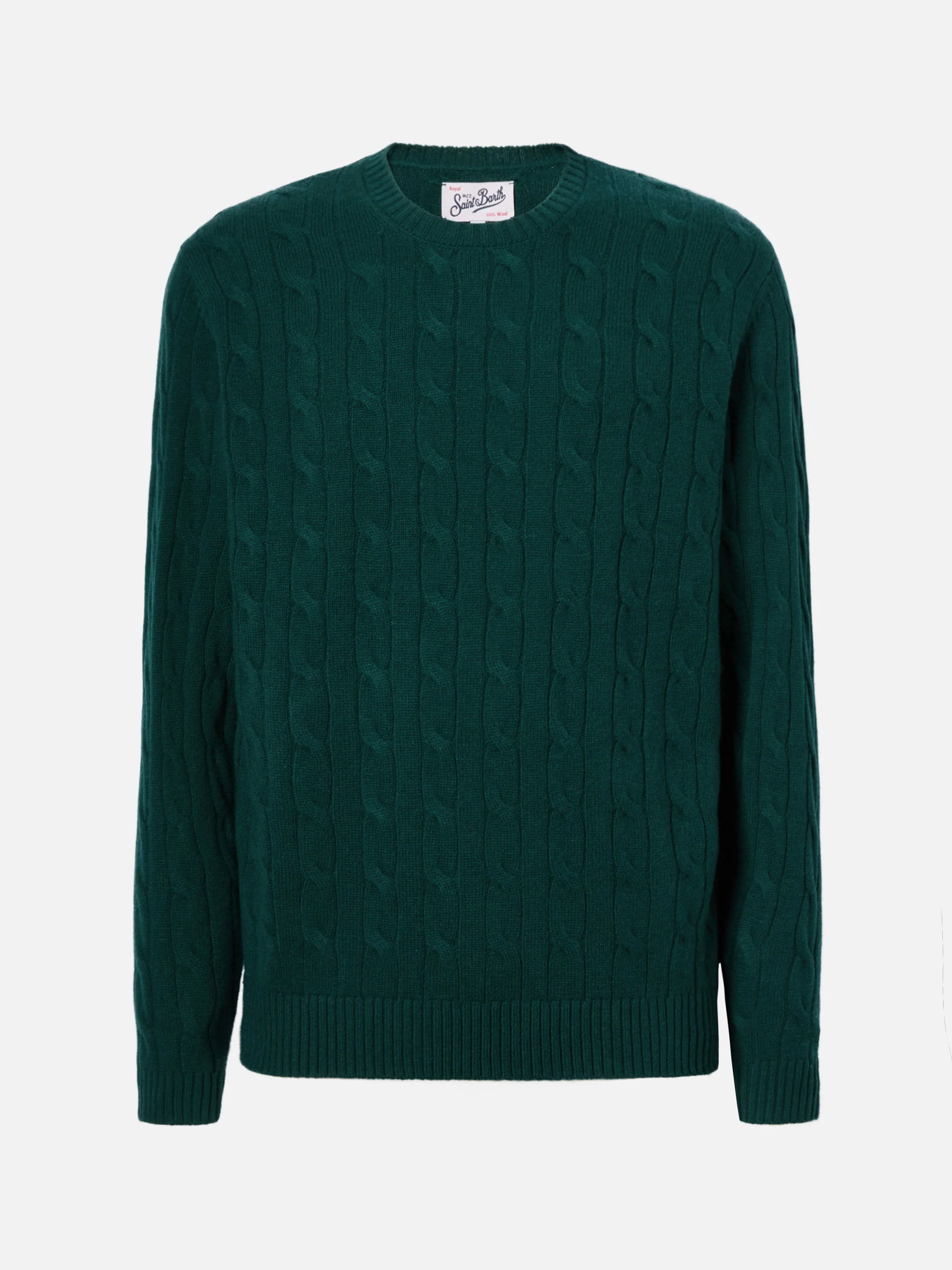 Maglione girocollo Regent a trecce in 100% LANA verde inglese - Image 5