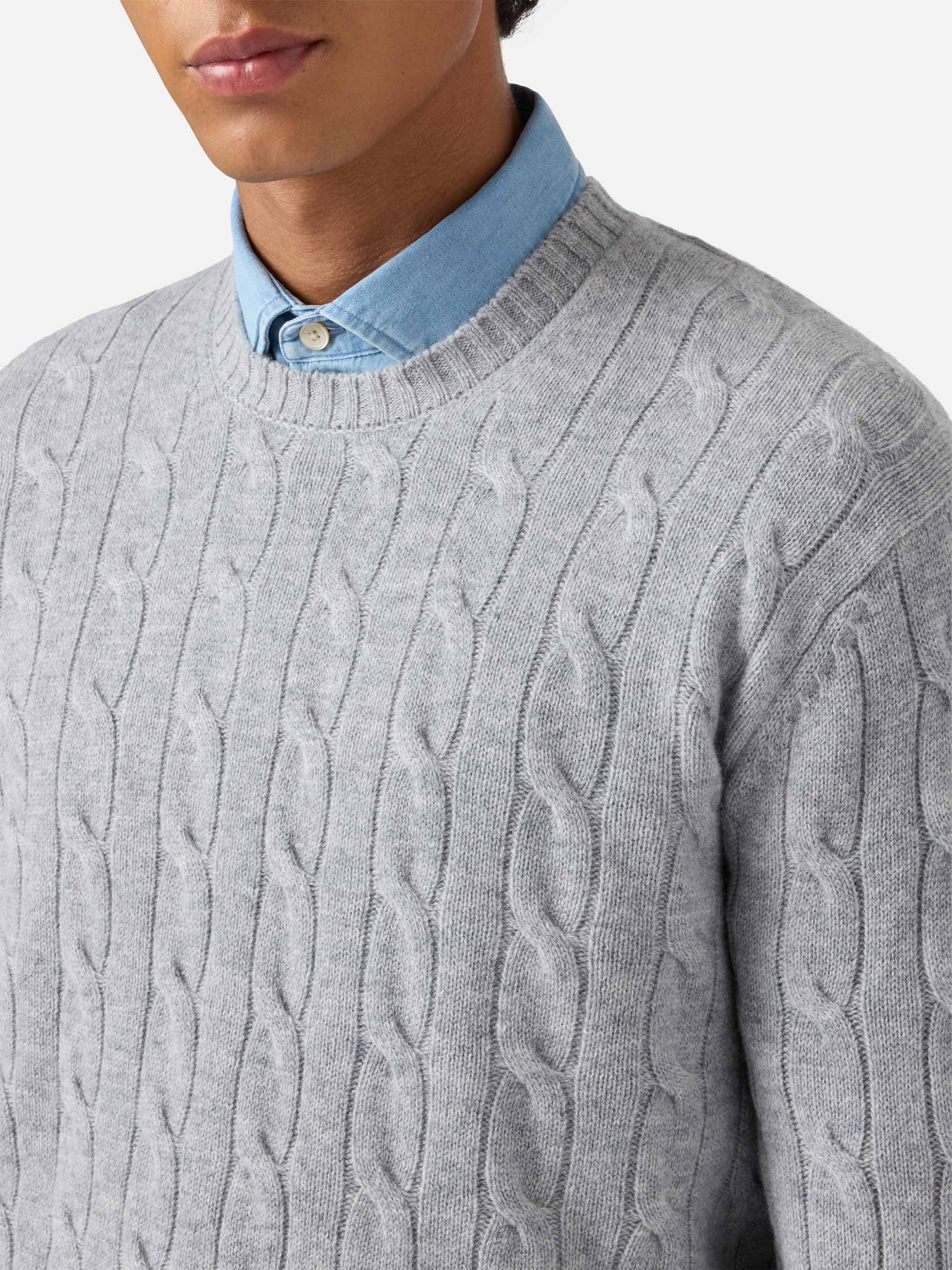 Maglione girocollo Regent a trecce in 100% LANA grigio melange - Image 2