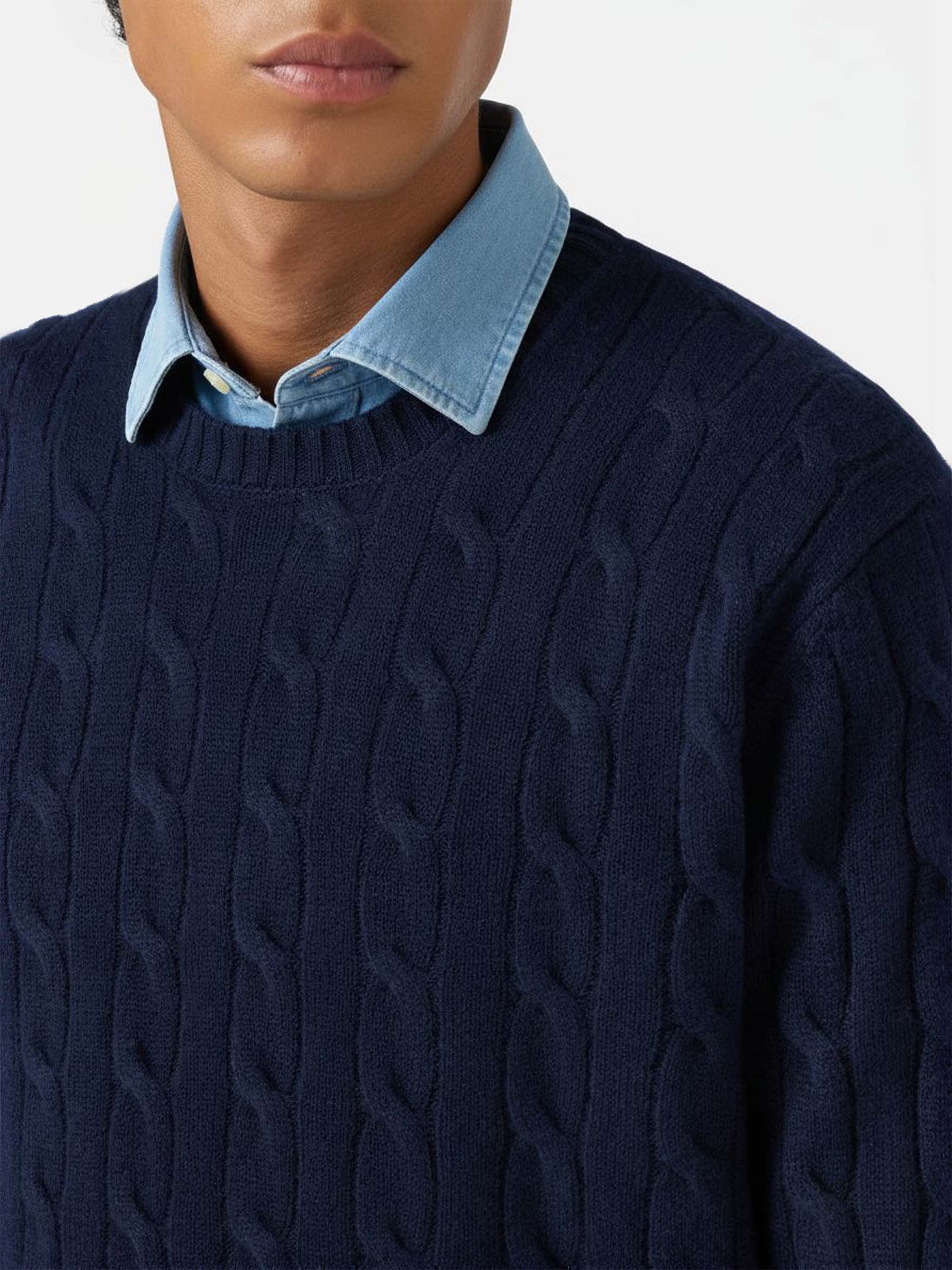 Maglione girocollo Regent a trecce in 100% LANA blu notte - Image 2
