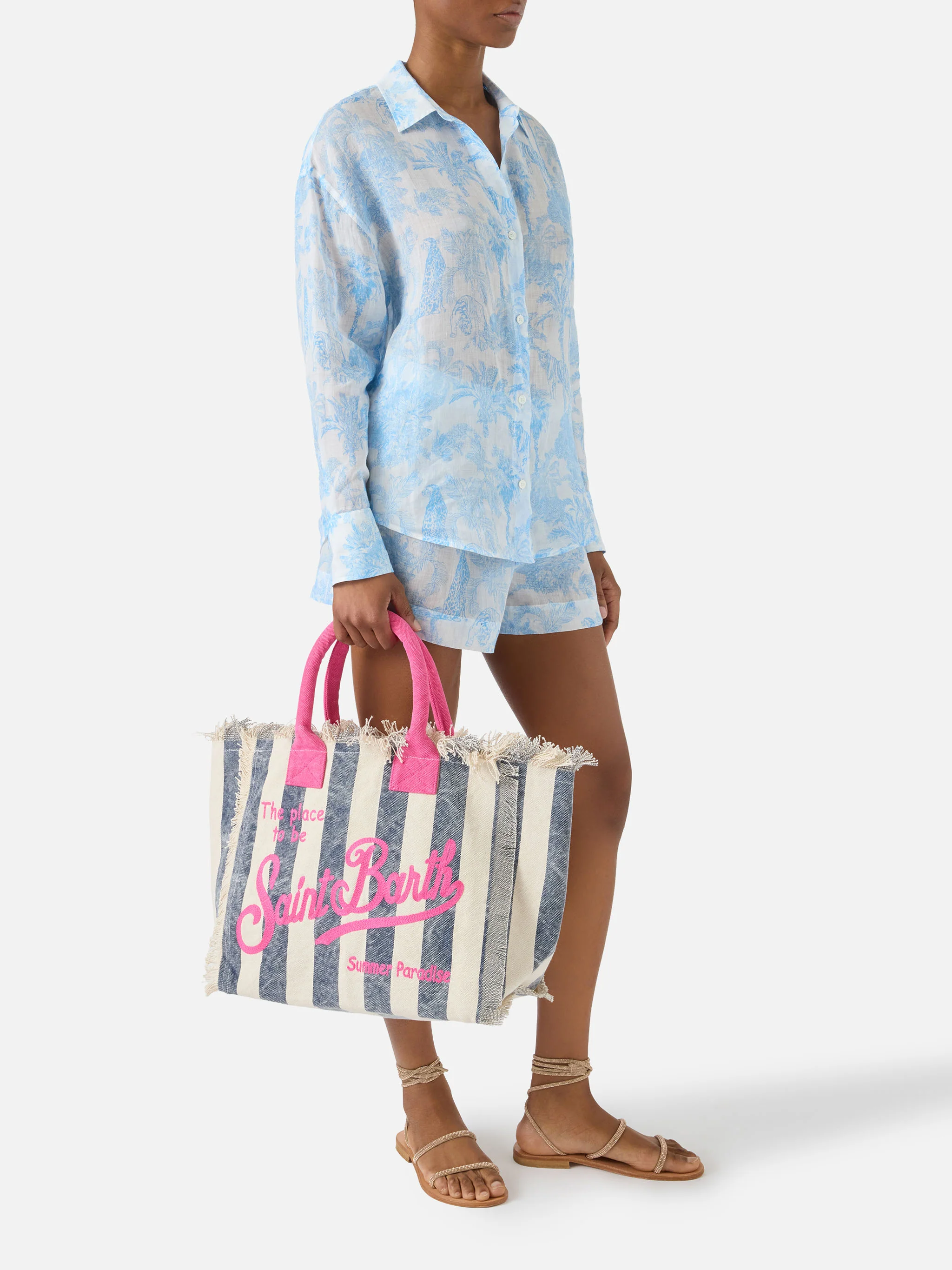 Borsa Vanity regular in canvas a righe verticali blu - Image 2