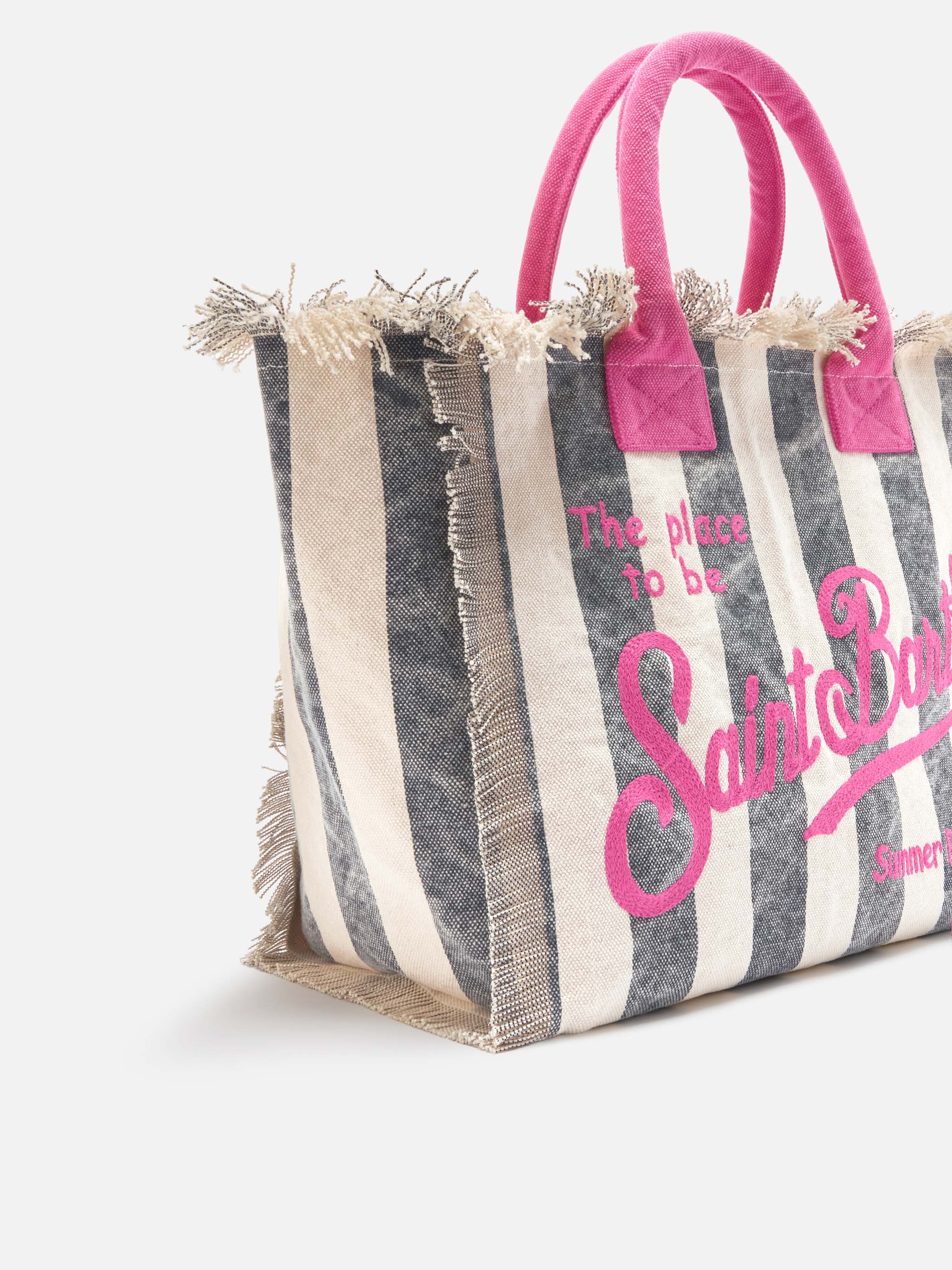 Borsa Vanity regular in canvas a righe verticali blu - Image 3