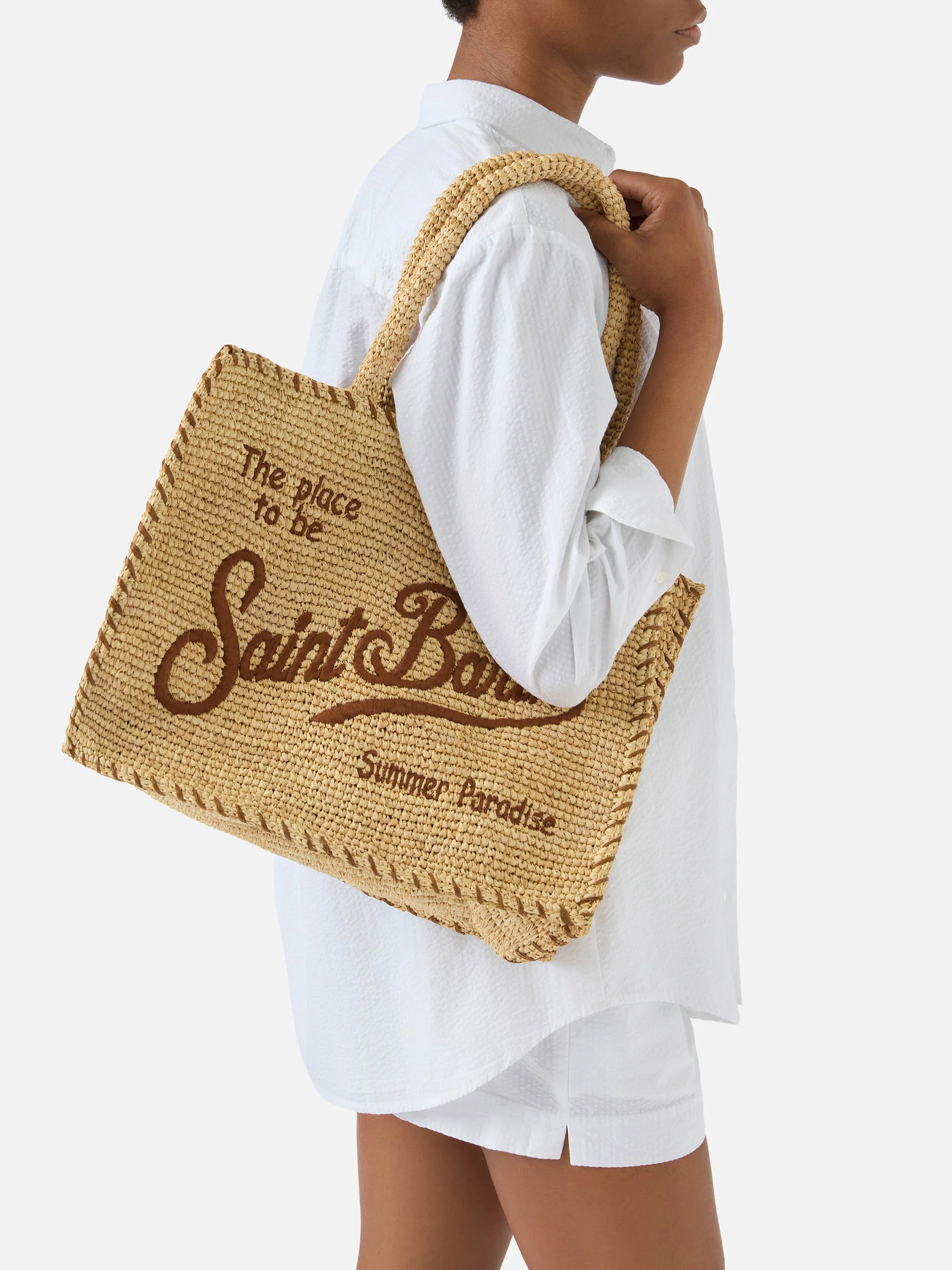 Borsa Vanity regular in raffia con dettagli marroni - Image 2