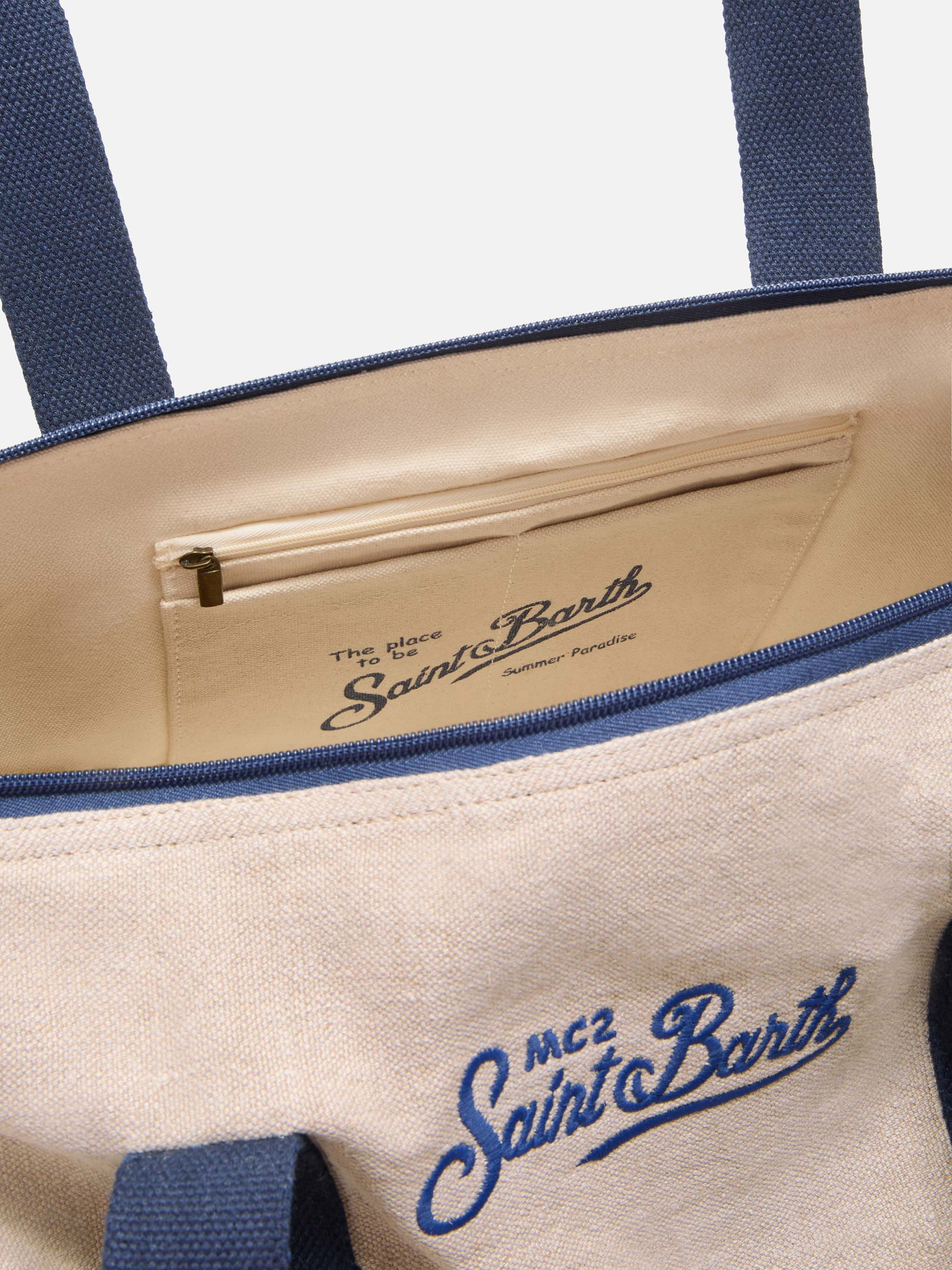 Borsone Round Jetleg in lino beige con logo ricamato a contrasto - Image 5