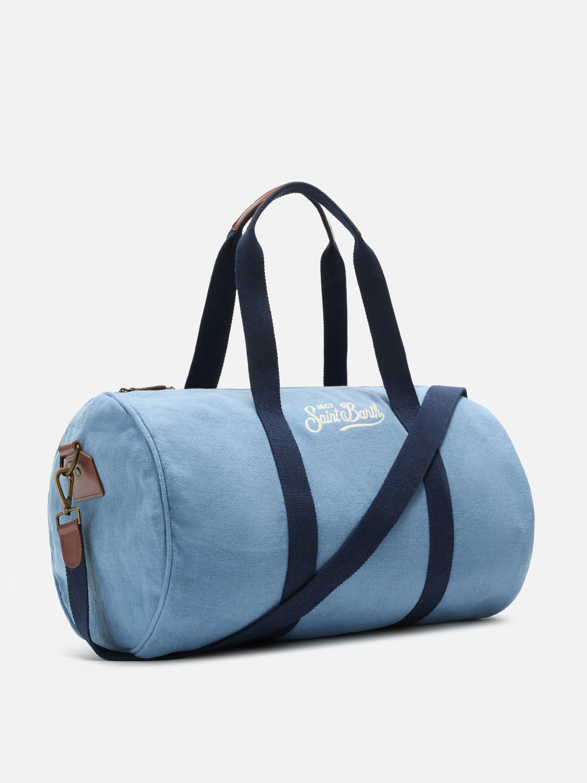Borsone Round Jetleg in lino blu con logo ricamato a contrasto - Image 3