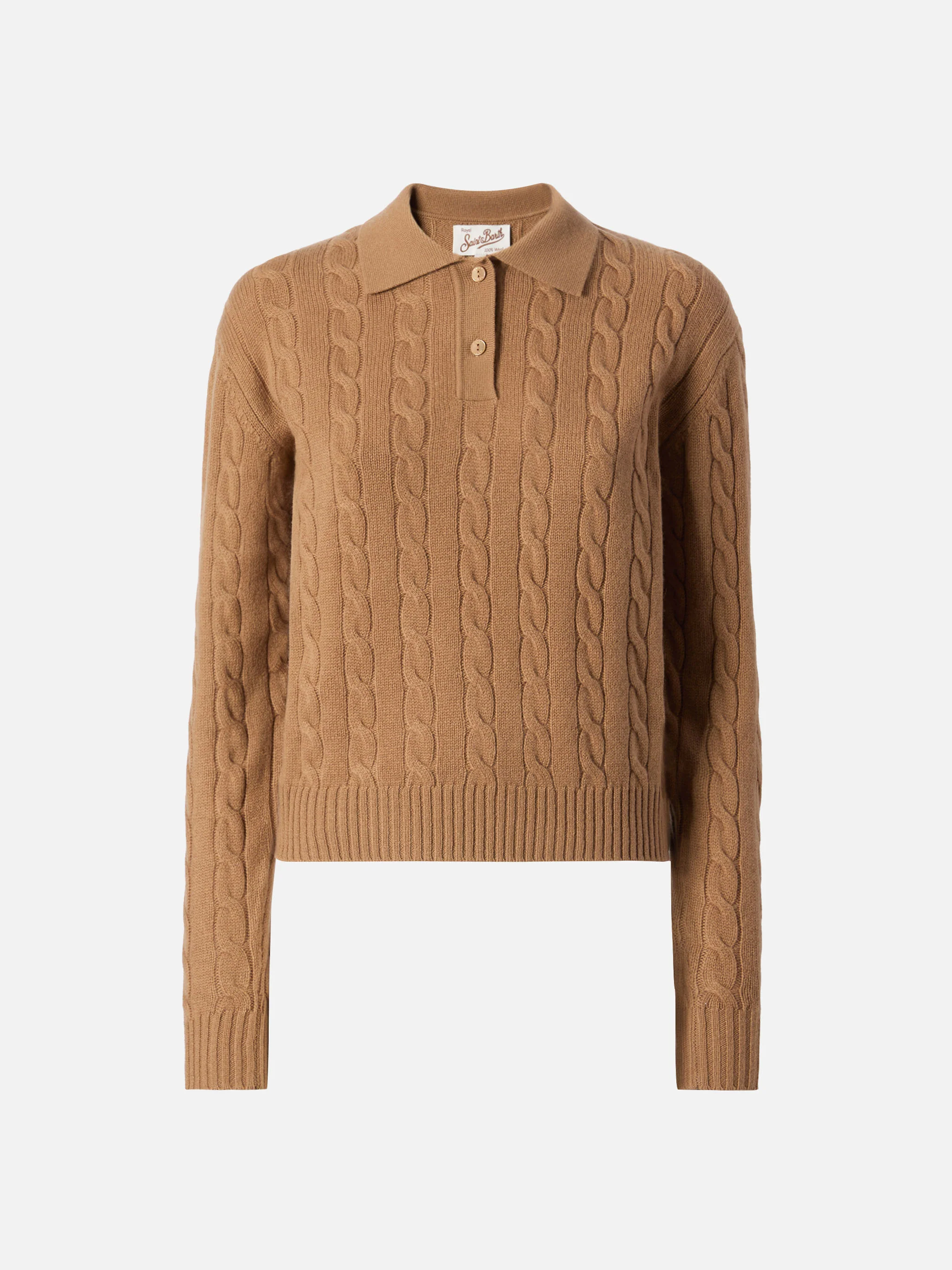 Maglione polo a trecce soft touch Savoy in lana merino cammello - Image 5