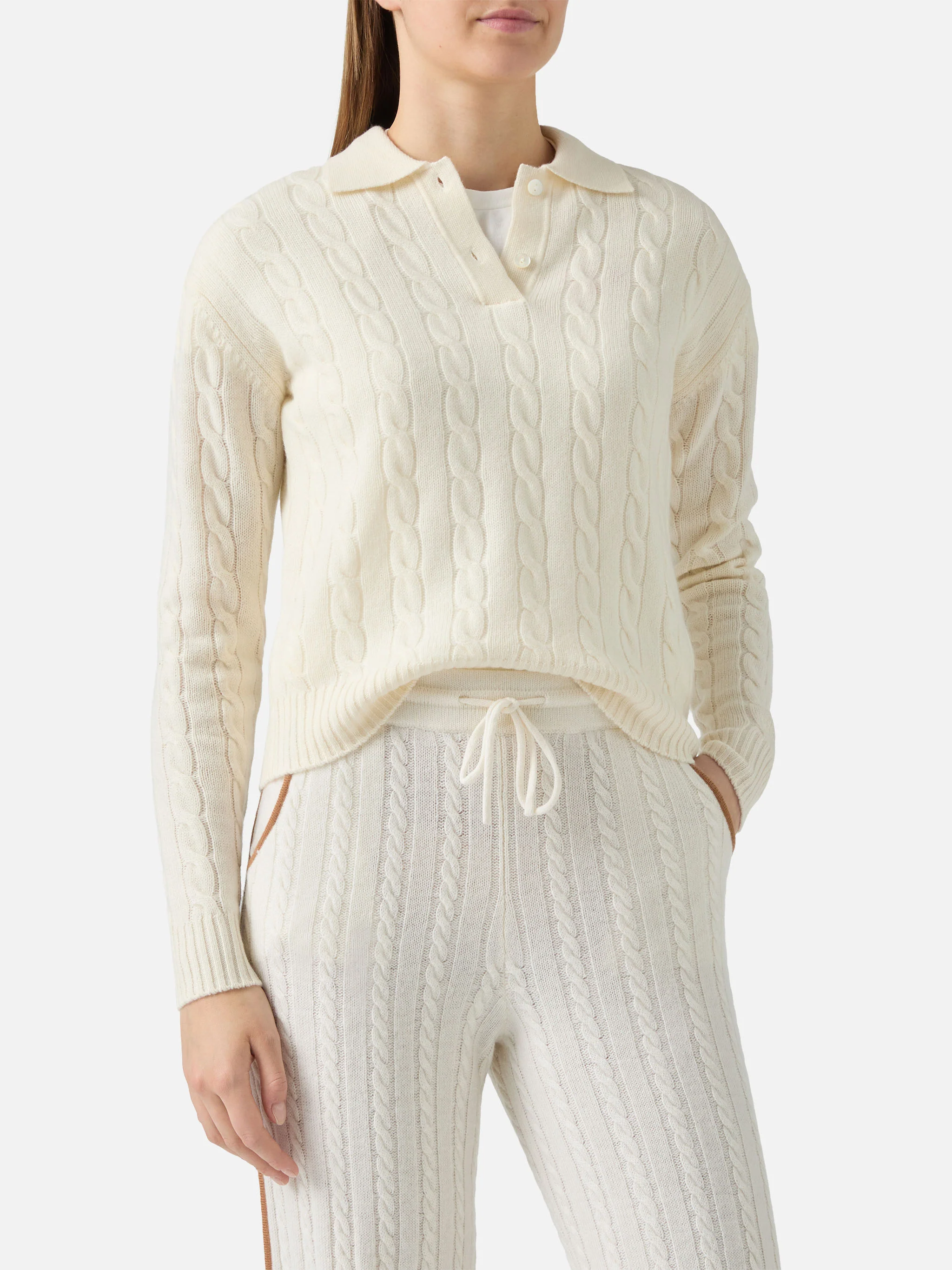 Maglione polo a trecce soft touch Savoy in lana merino bianca