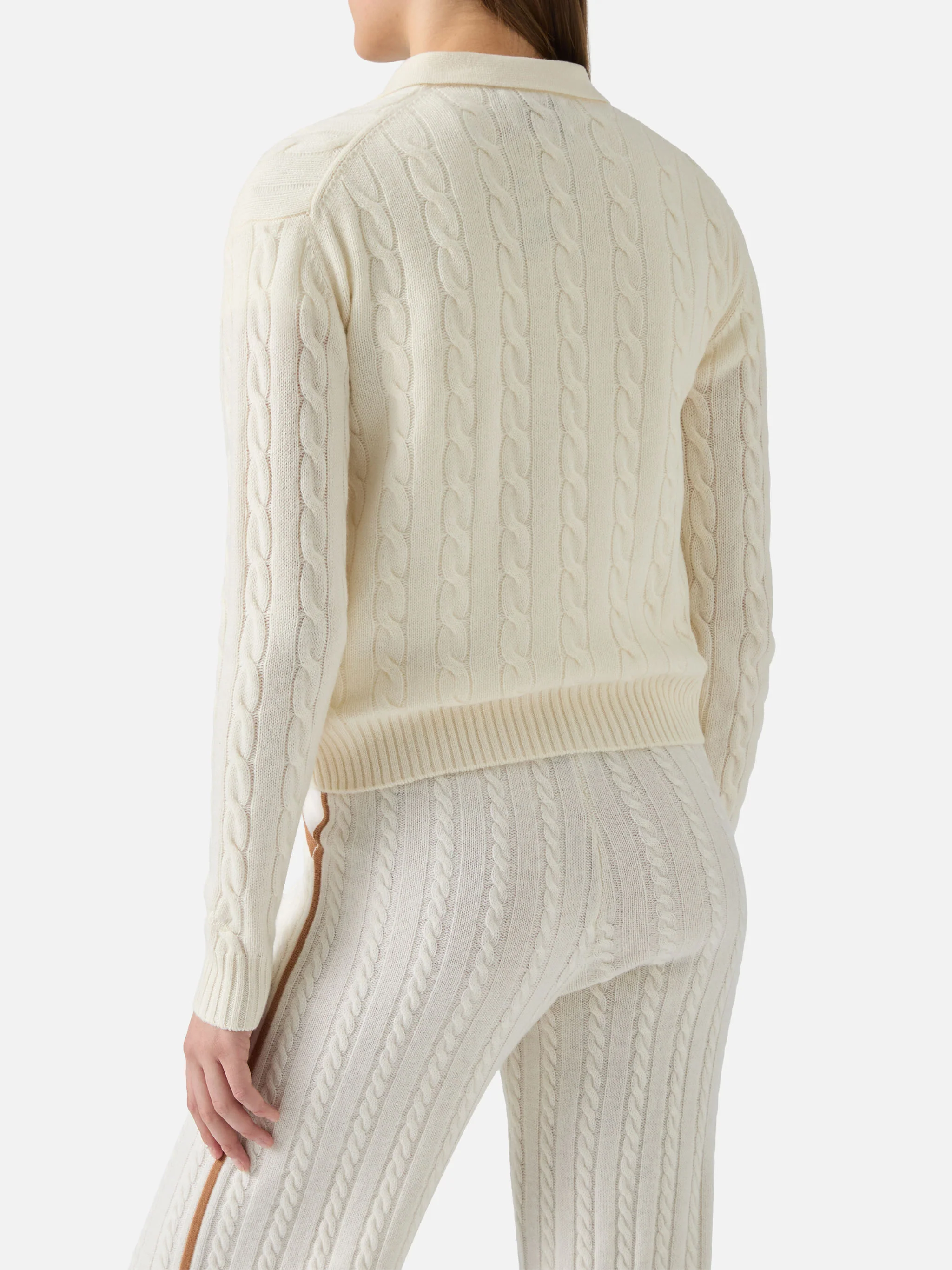 Maglione polo a trecce soft touch Savoy in lana merino bianca - Image 3