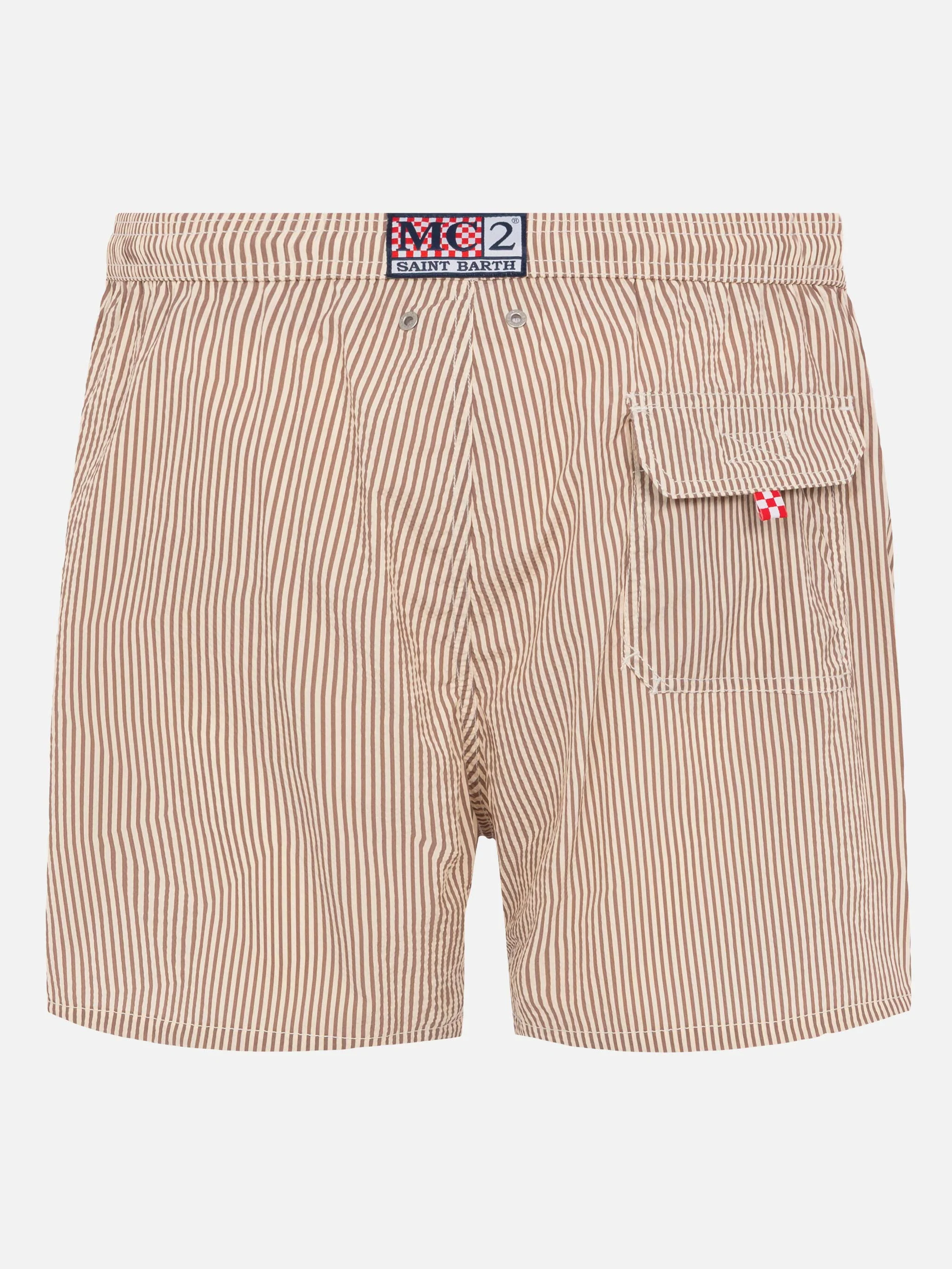 Costume classico leggero Patmos in seersucker a righe beige - Image 3