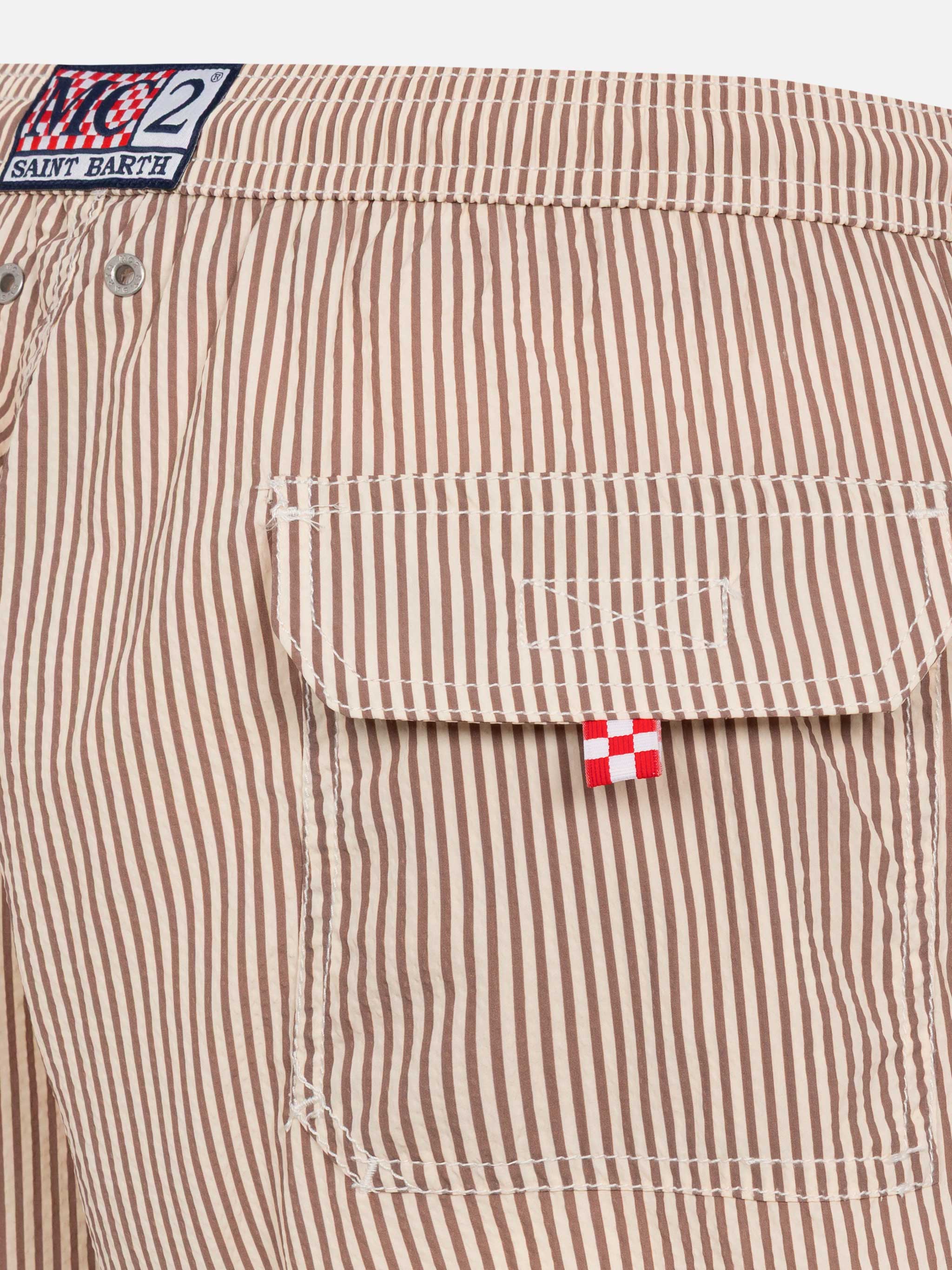 Costume classico leggero Patmos in seersucker a righe beige - Image 5