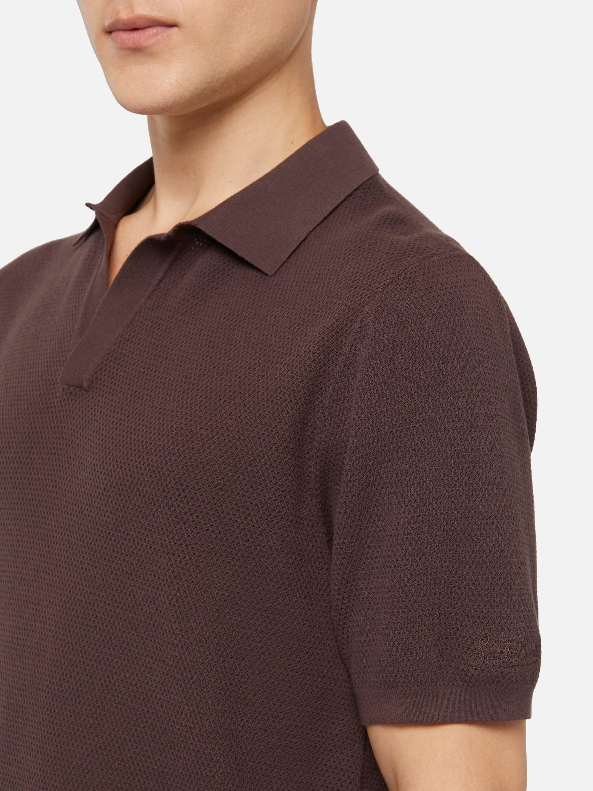 Polo Sloan senza bottoni in maglia a rete marrone - Image 2