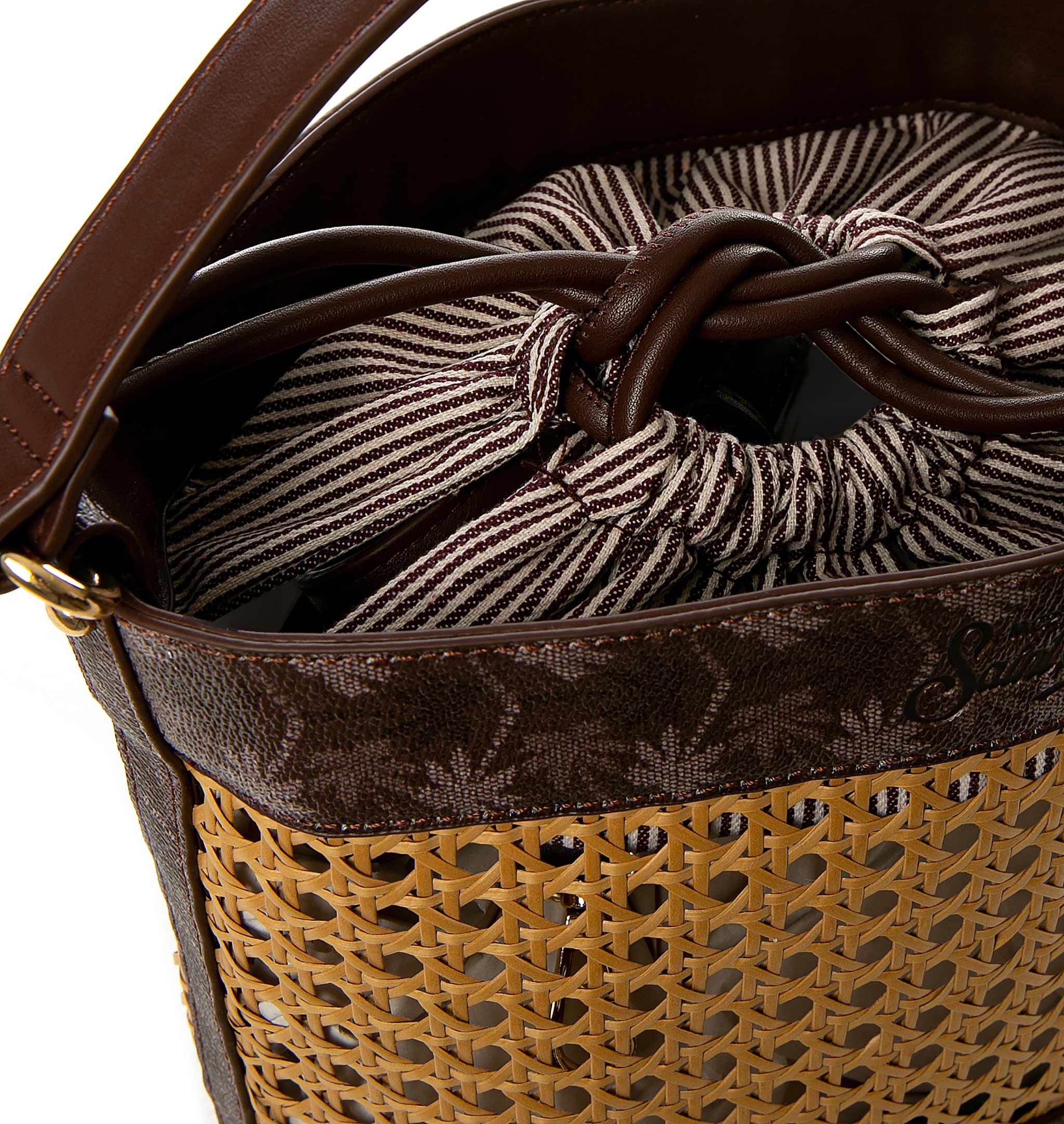 Borsa a secchiello in paglia con dettagli monogram marroni - Image 3