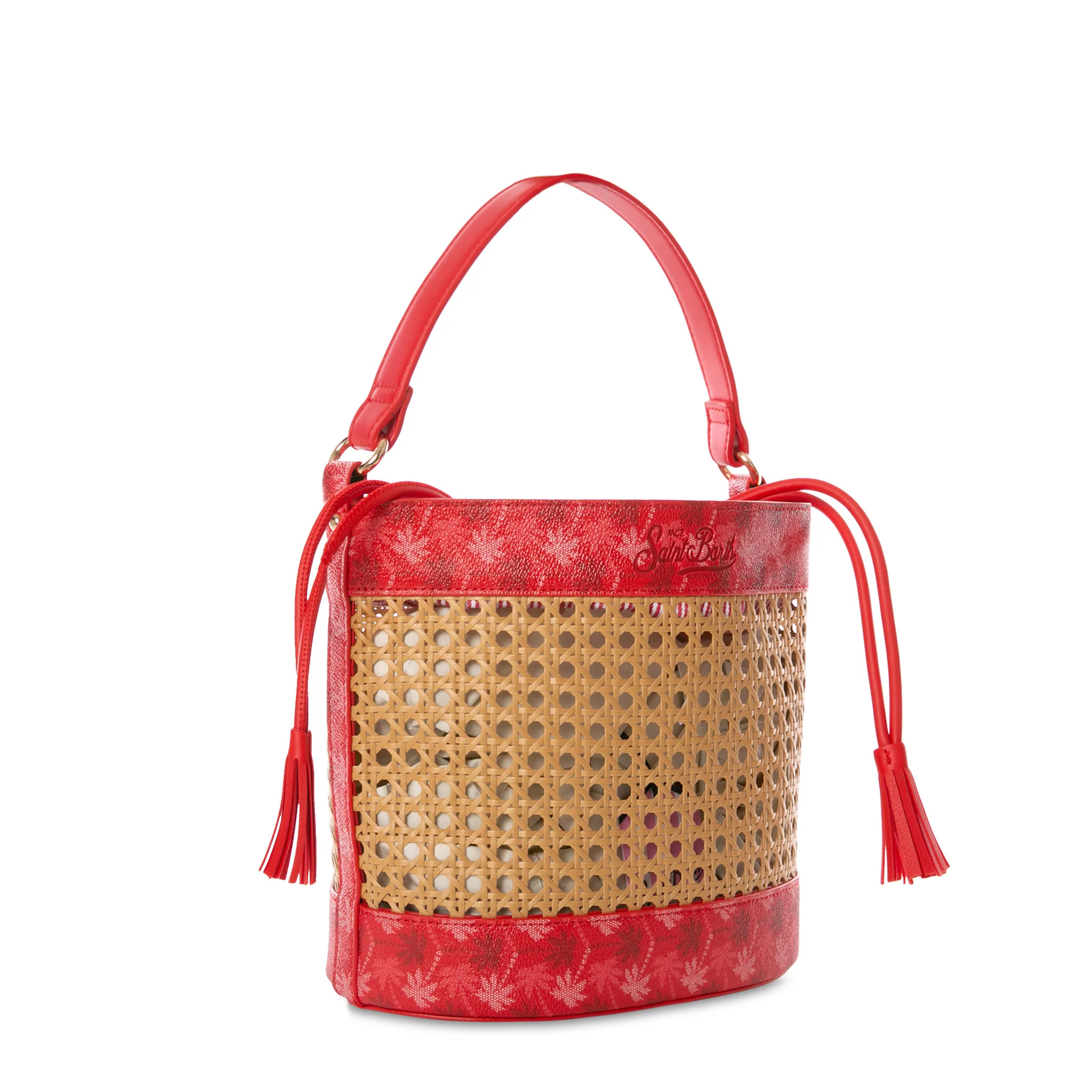 Borsa a secchiello in paglia con dettagli monogram rossi - Image 3