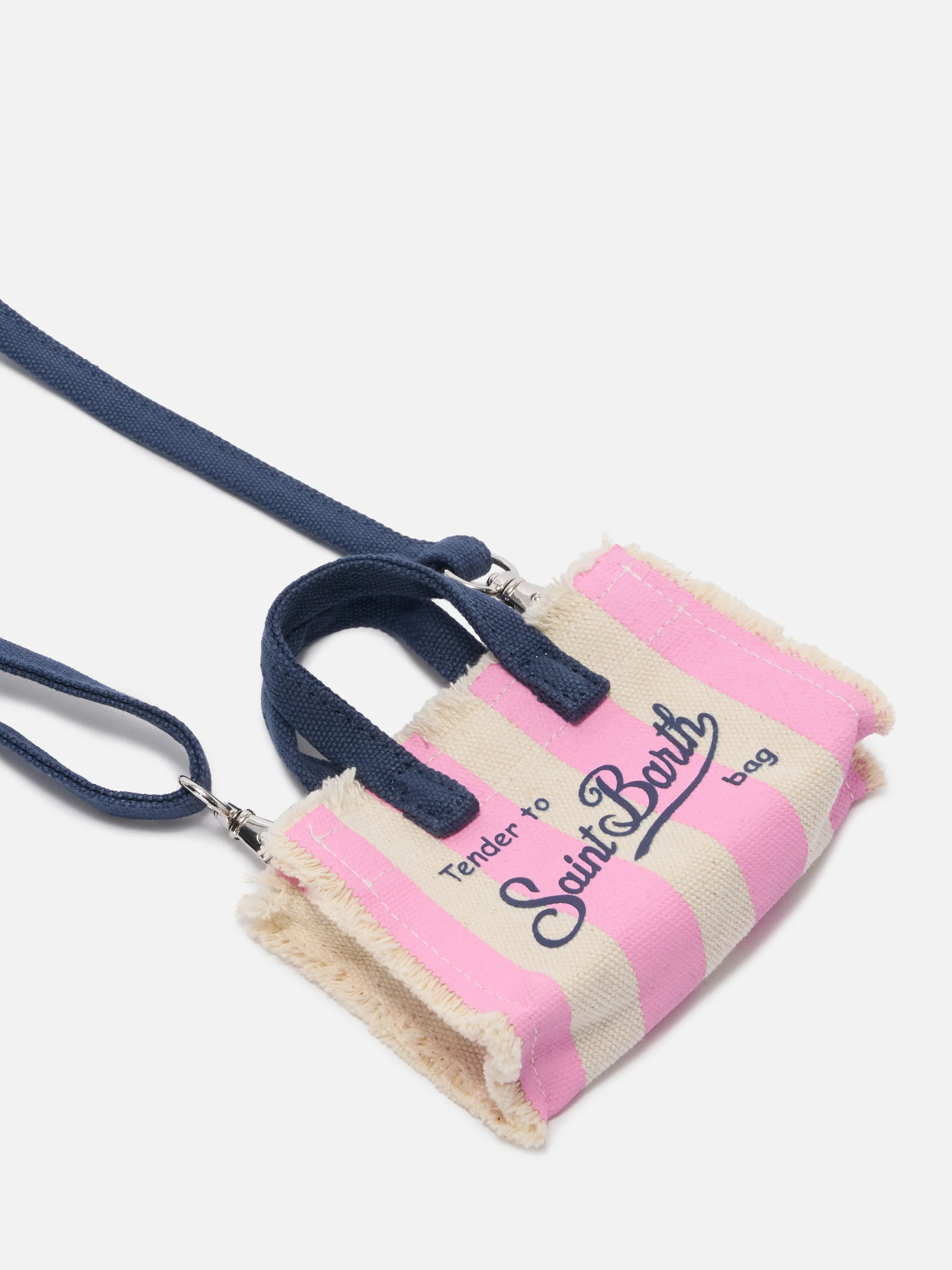 Keychain a forma di mini borsa in tessuto a righe con logo ricamato - Image 3