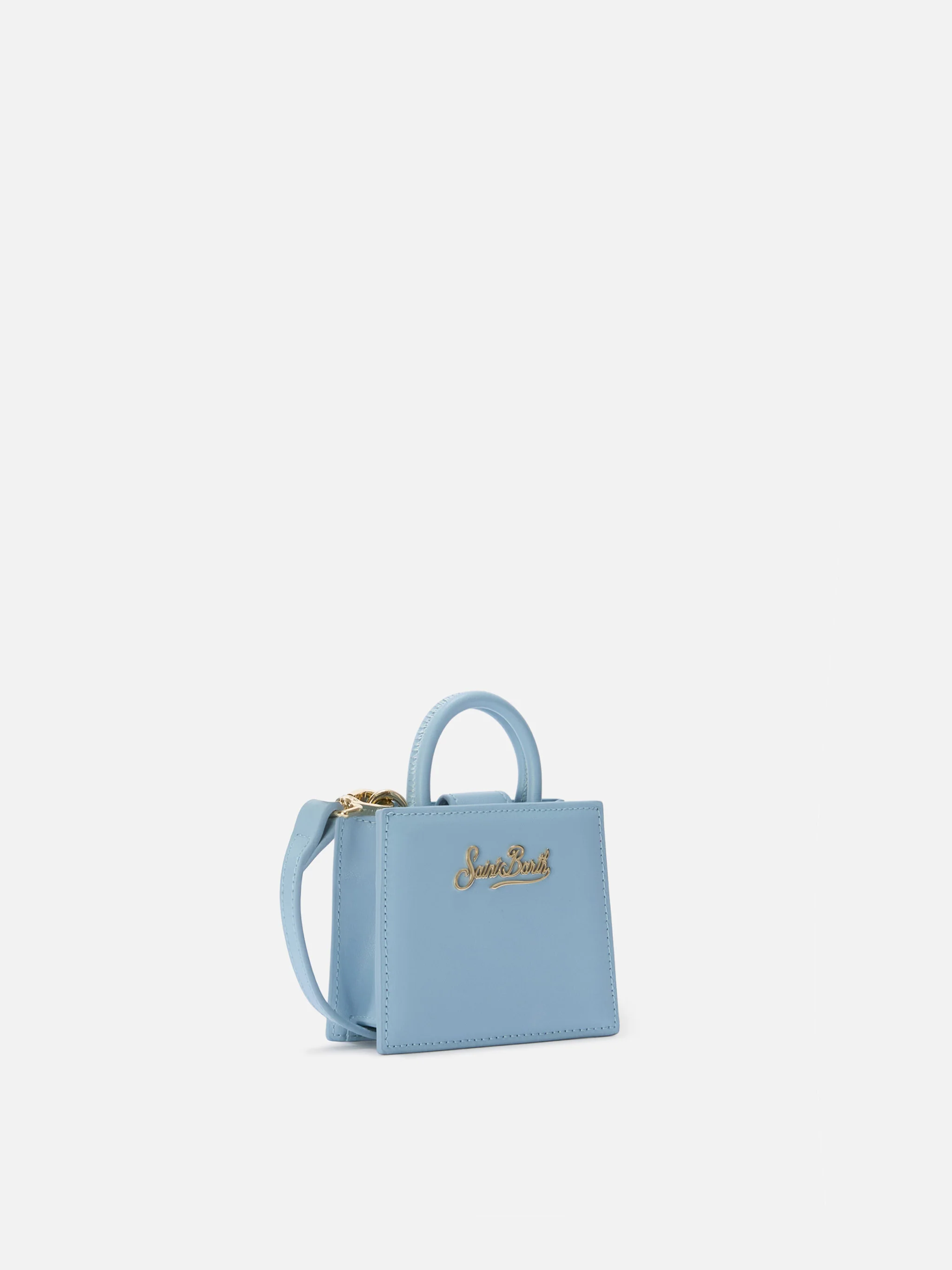 Borsa Shop micro strutturata in pelle liscia azzurra con targhetta metallica - Image 2
