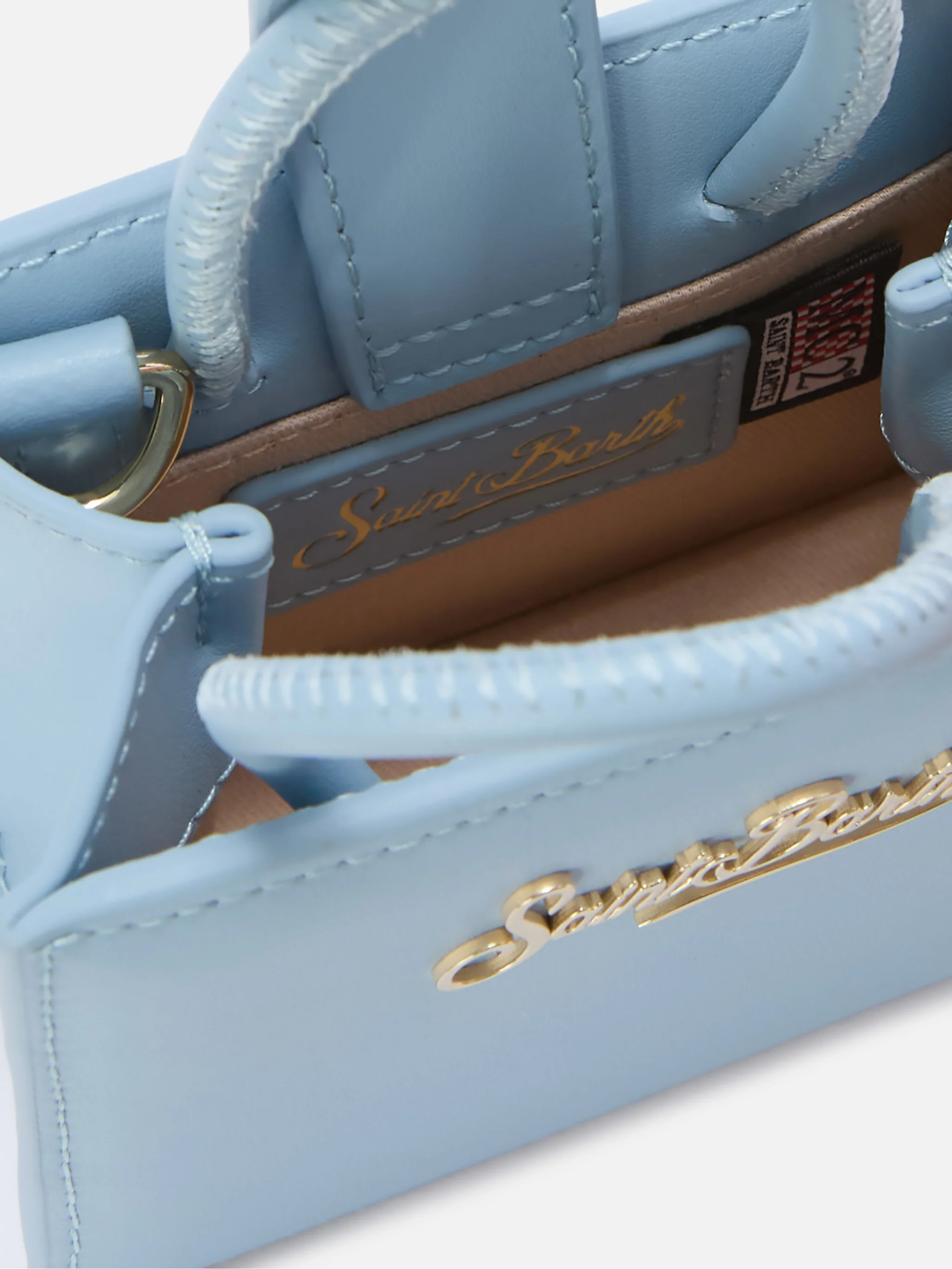 Borsa Shop micro strutturata in pelle liscia azzurra con targhetta metallica - Image 4