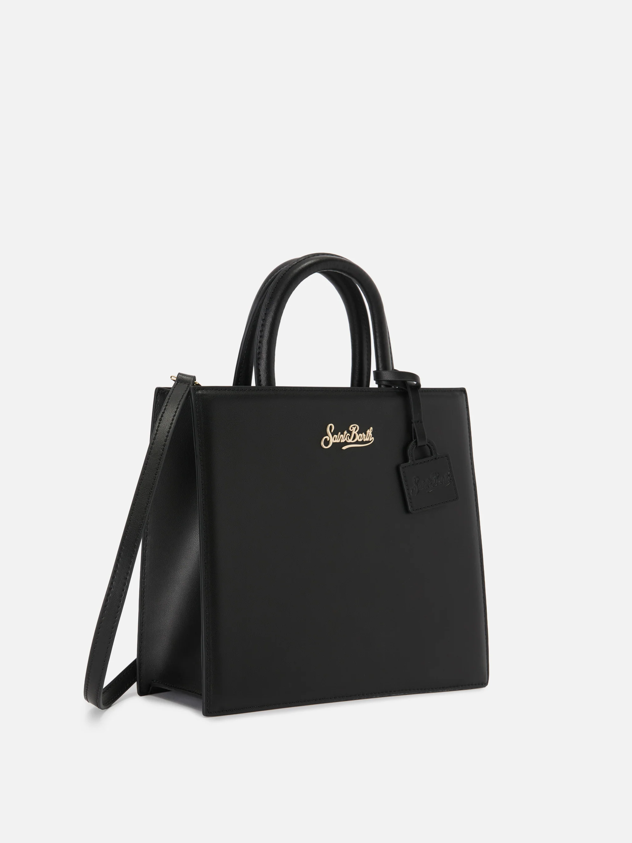 Borsa Shop Midi strutturata in pelle liscia nera con targhetta metallica - Image 2