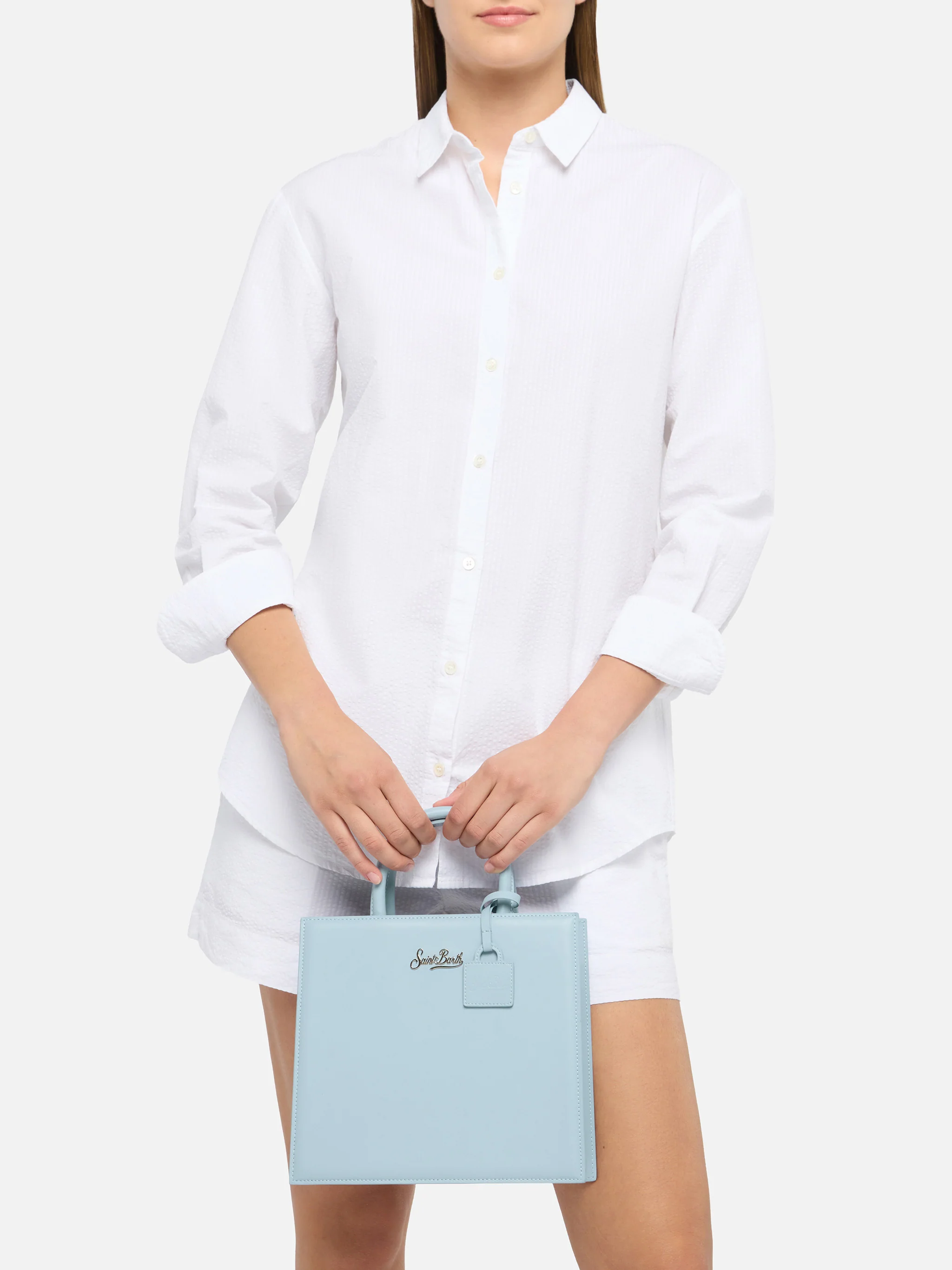 Borsa Shop Midi strutturata in pelle liscia azzurra con targhetta metallica - Image 2