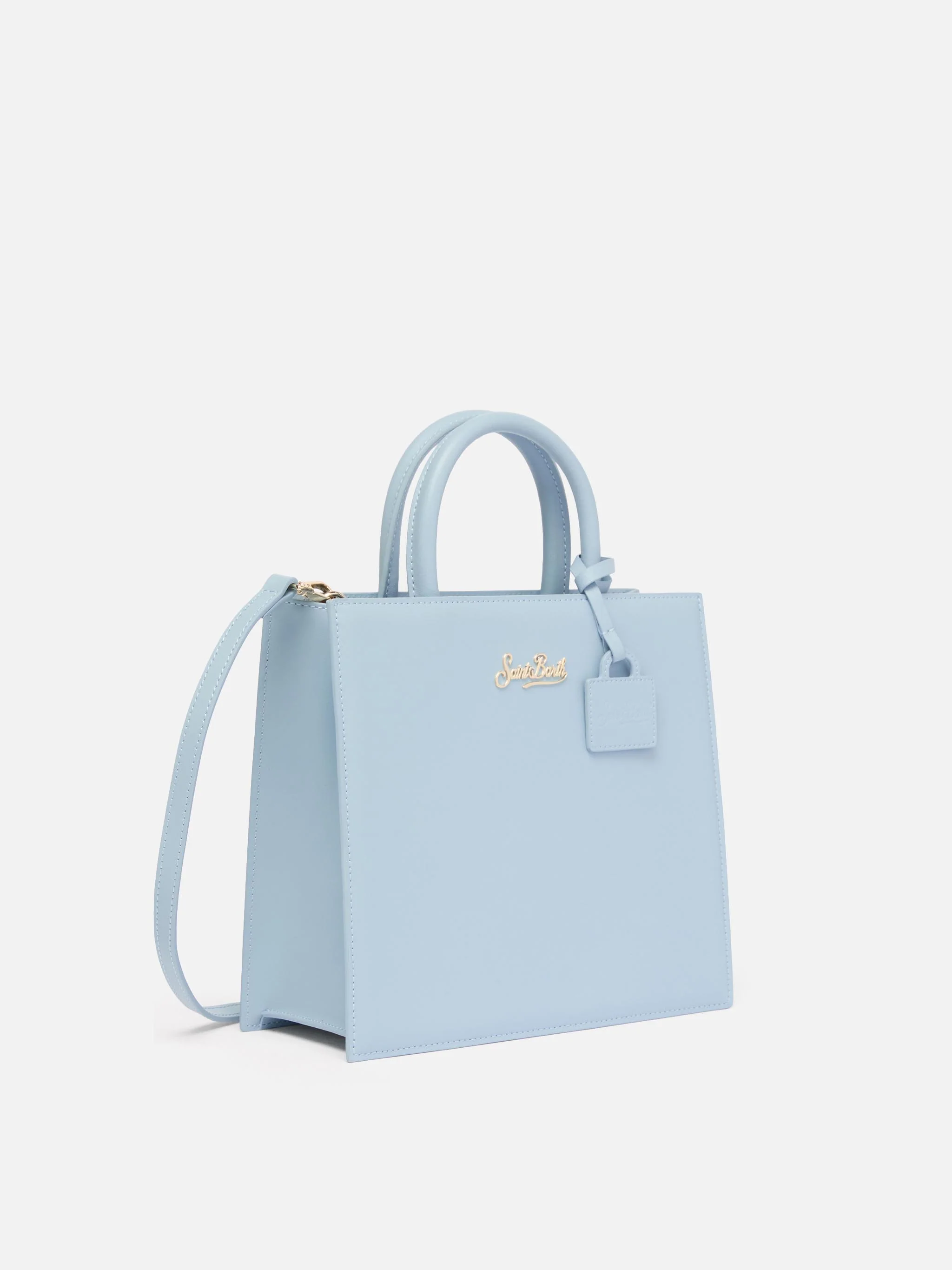 Borsa Shop Midi strutturata in pelle liscia azzurra con targhetta metallica - Image 3