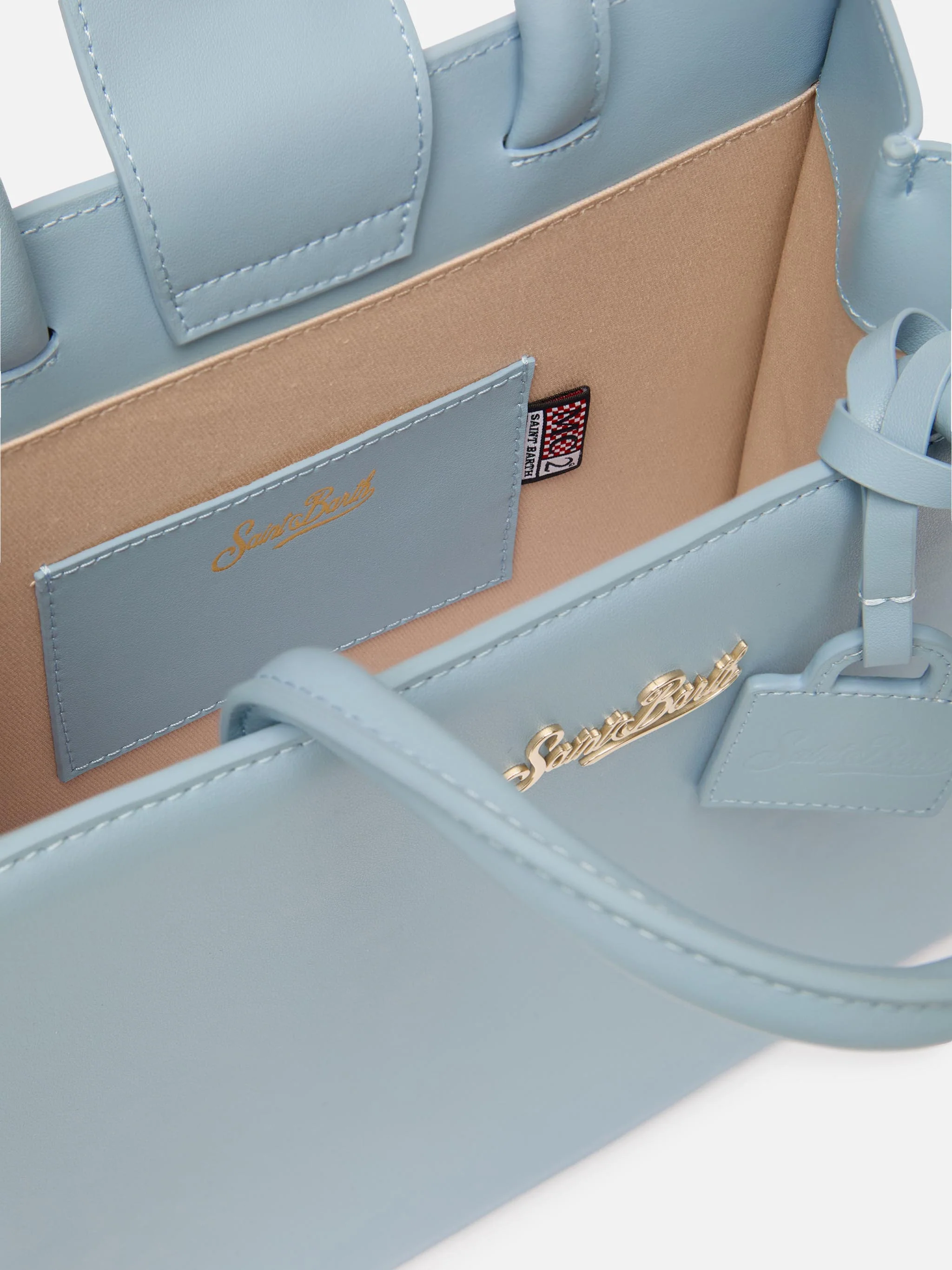 Borsa Shop Midi strutturata in pelle liscia azzurra con targhetta metallica - Image 5