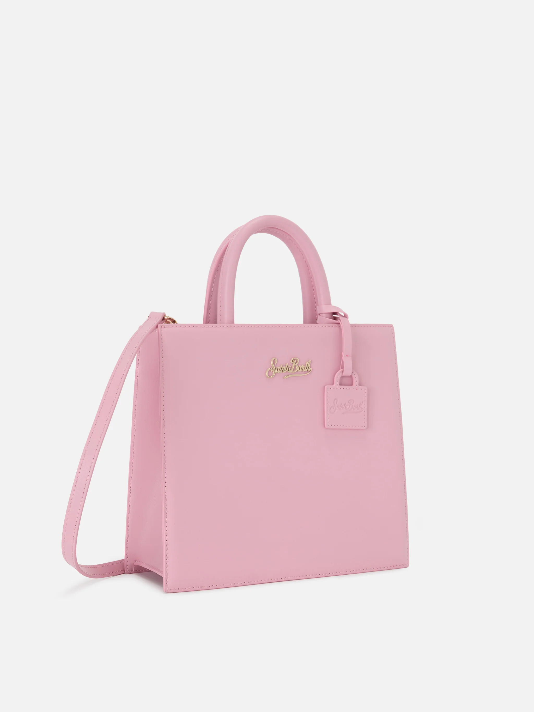 Borsa Shop Midi strutturata in pelle liscia rosa con targhetta metallica - Image 2