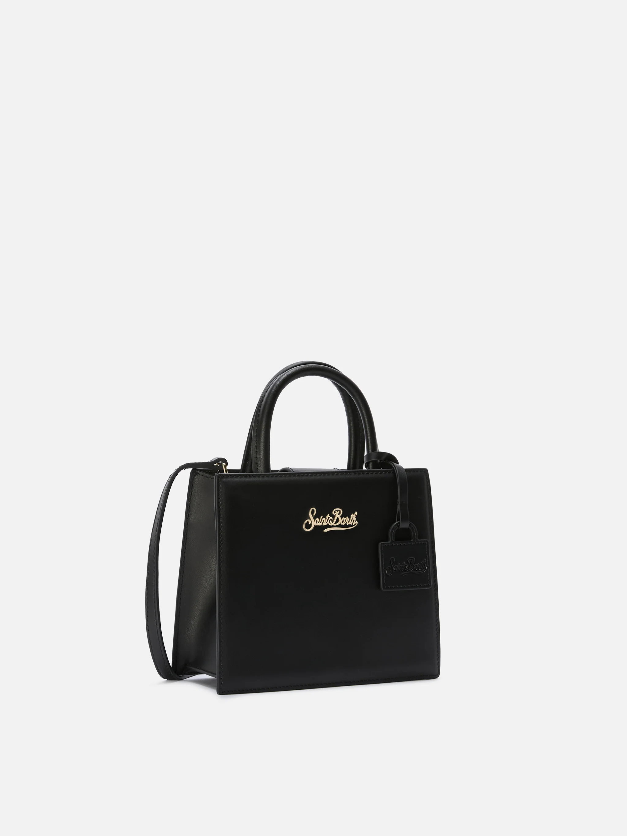 Borsa Shop mini strutturata in pelle liscia nera con targhetta metallica - Image 2
