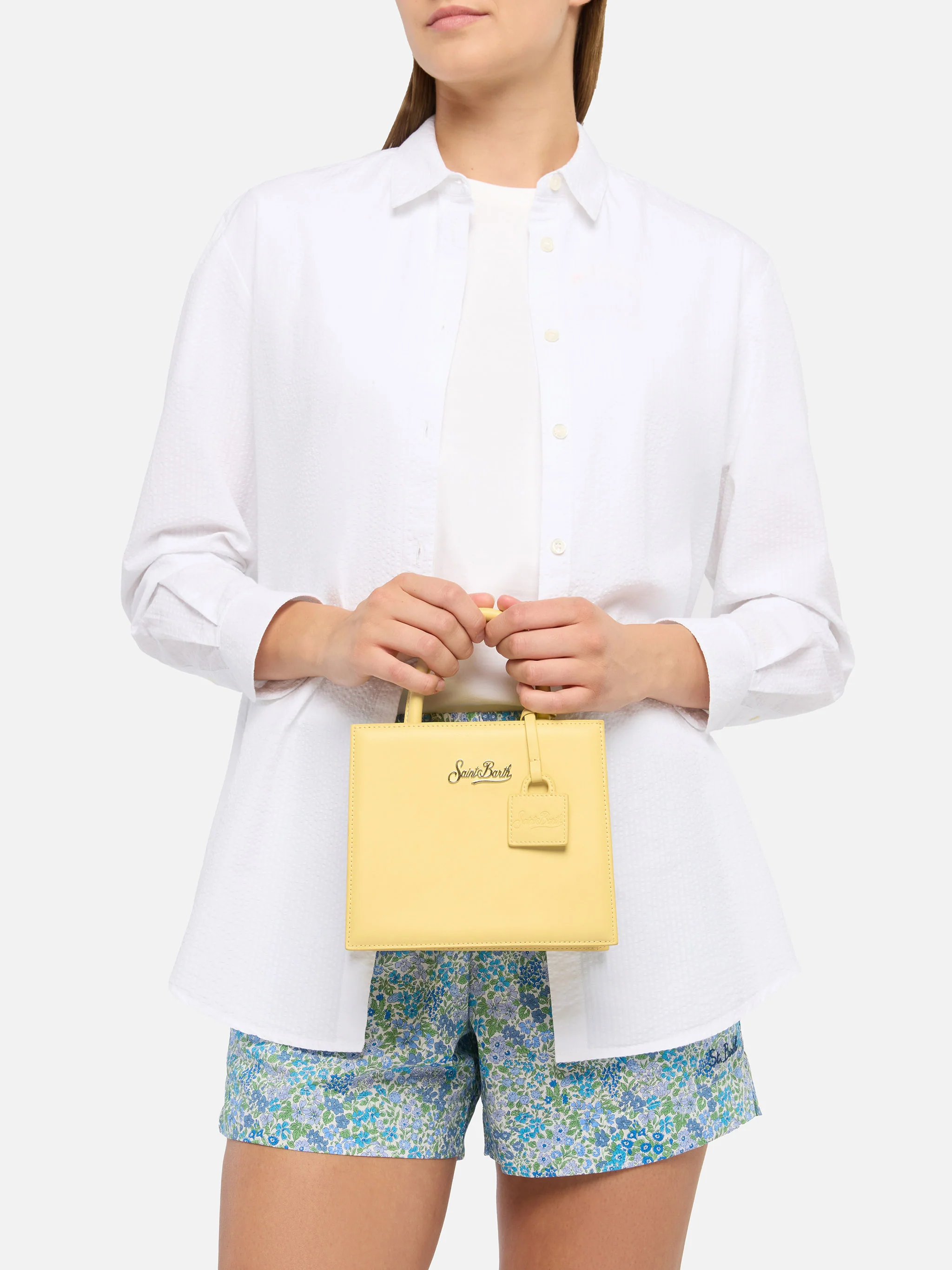 Borsa Shop mini strutturata in pelle liscia giallo tenue con targhetta metallica - Image 2