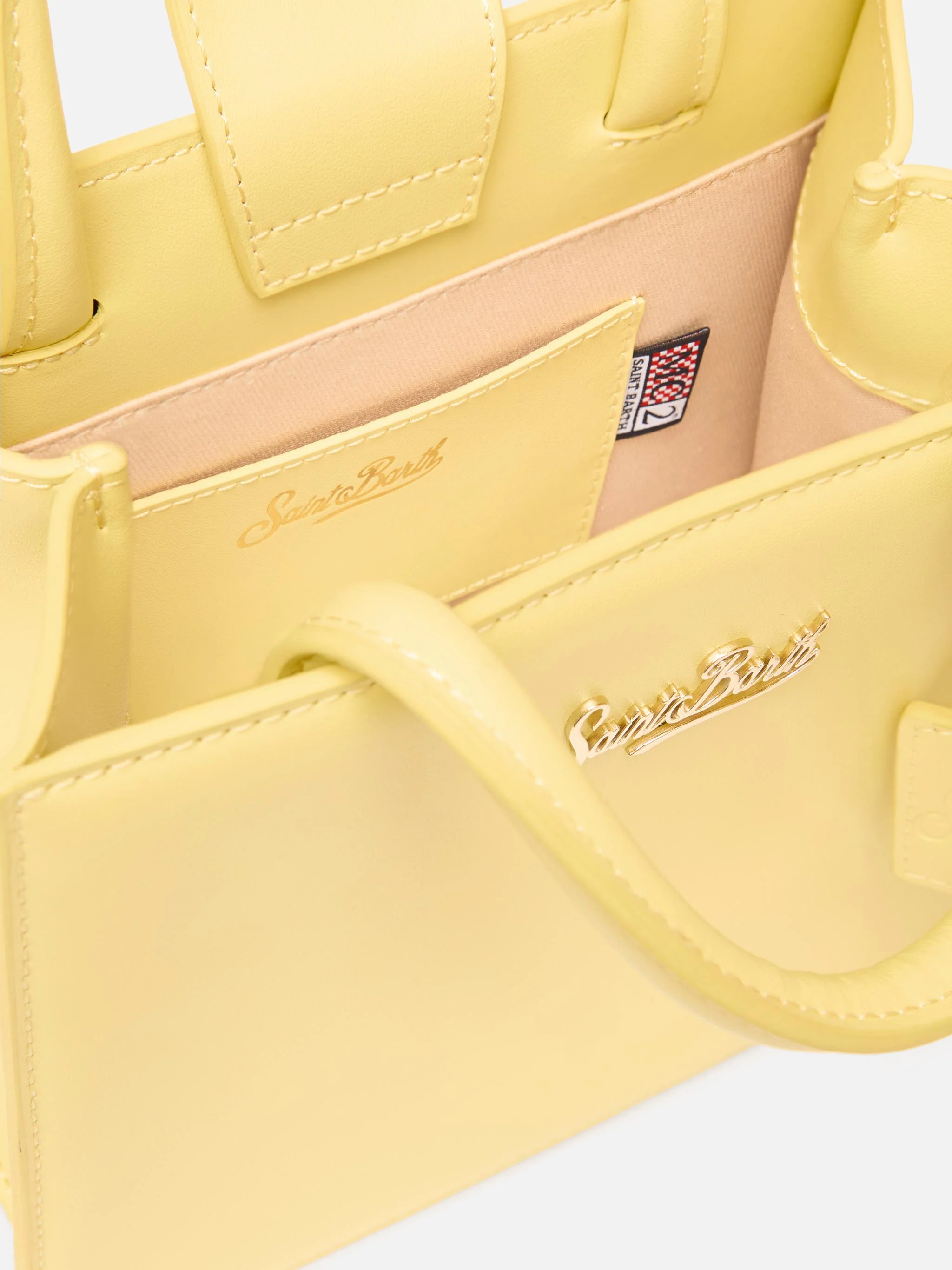 Borsa Shop mini strutturata in pelle liscia giallo tenue con targhetta metallica - Image 5