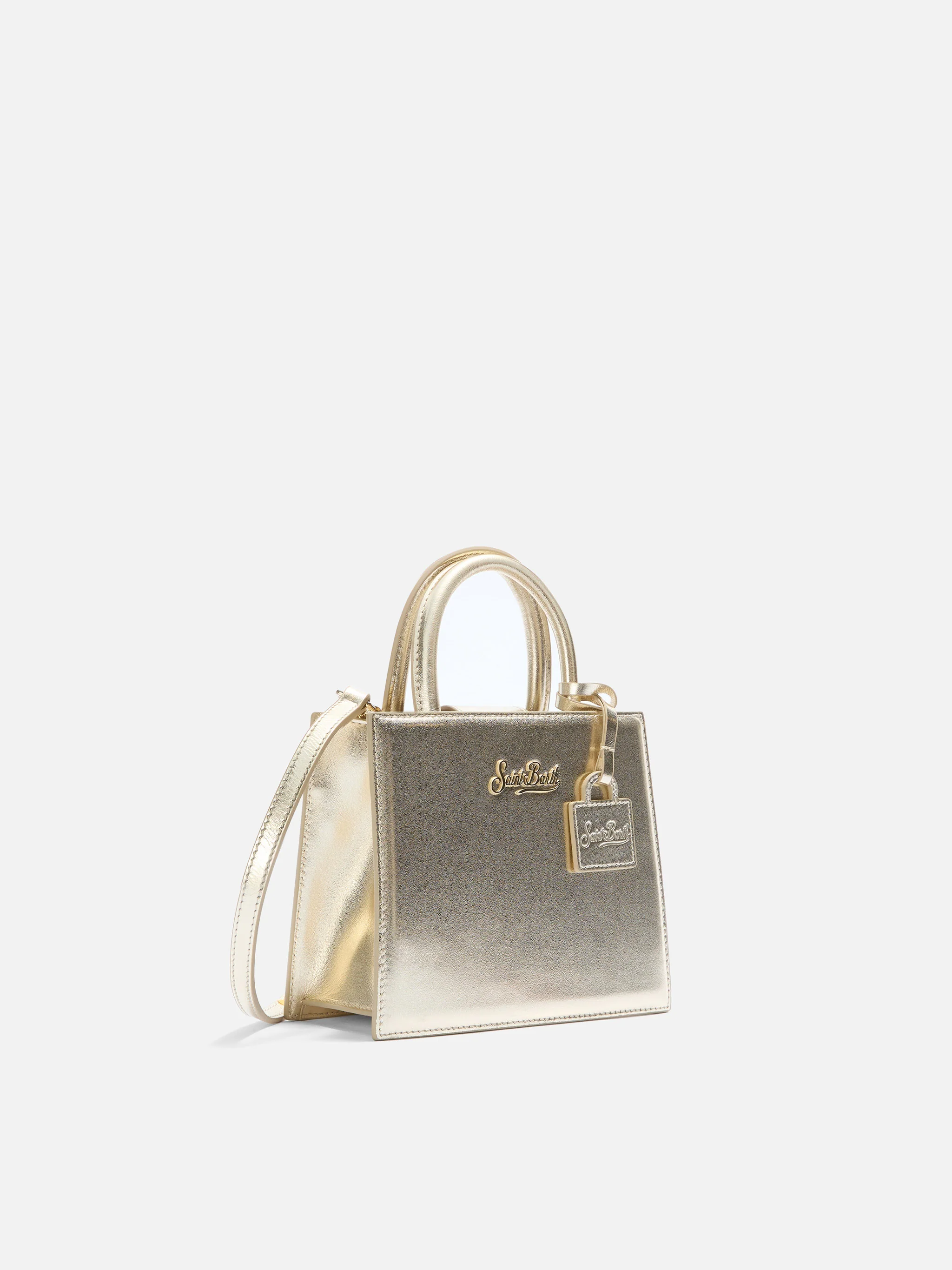 Borsa Shop Mini strutturata in pelle laminata oro con targhetta metallica - Image 3