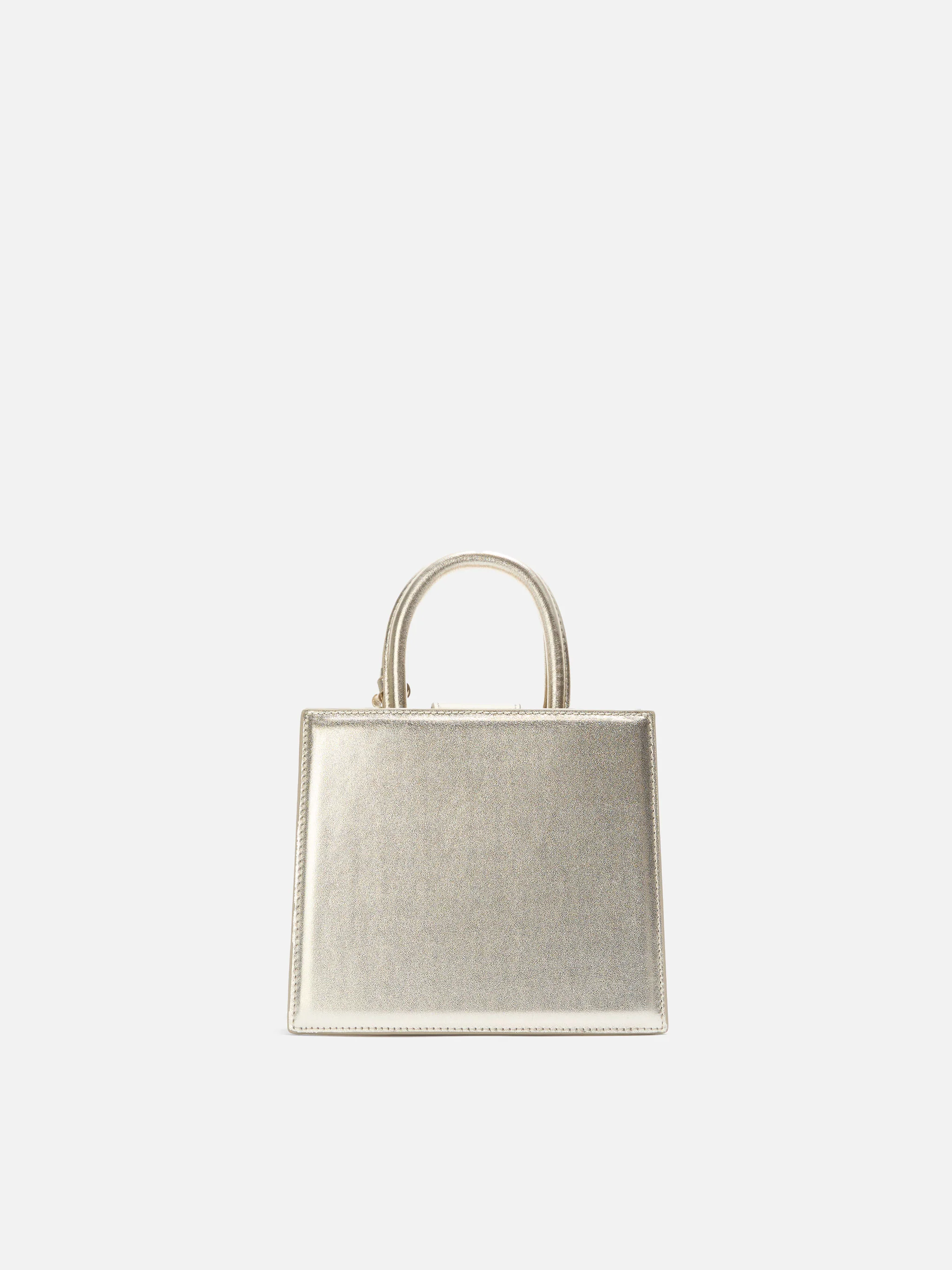 Borsa Shop Mini strutturata in pelle laminata oro con targhetta metallica - Image 4