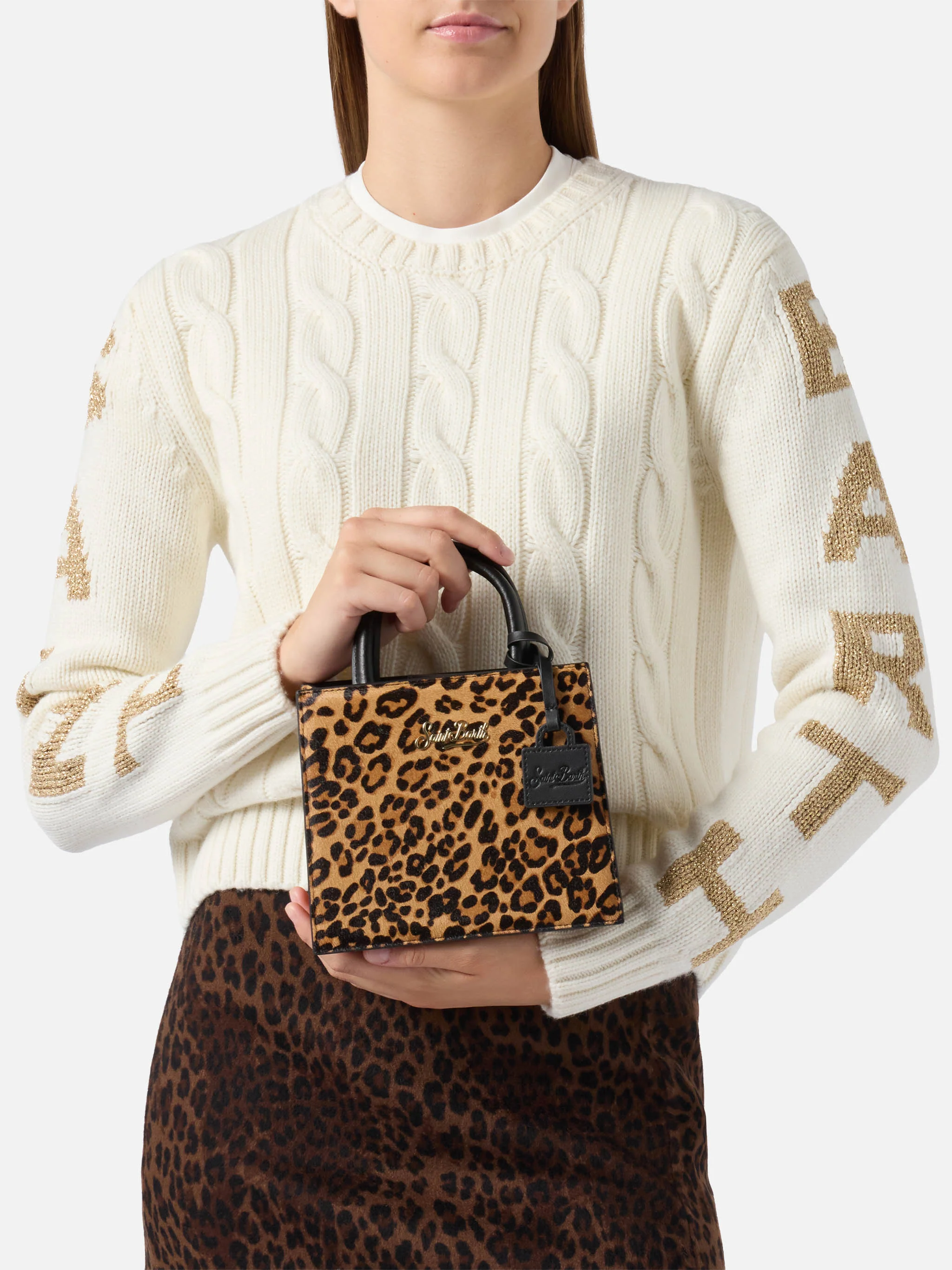 Borsa Shop Mini strutturata in cavallino leopardato con targhetta metallica - Image 2