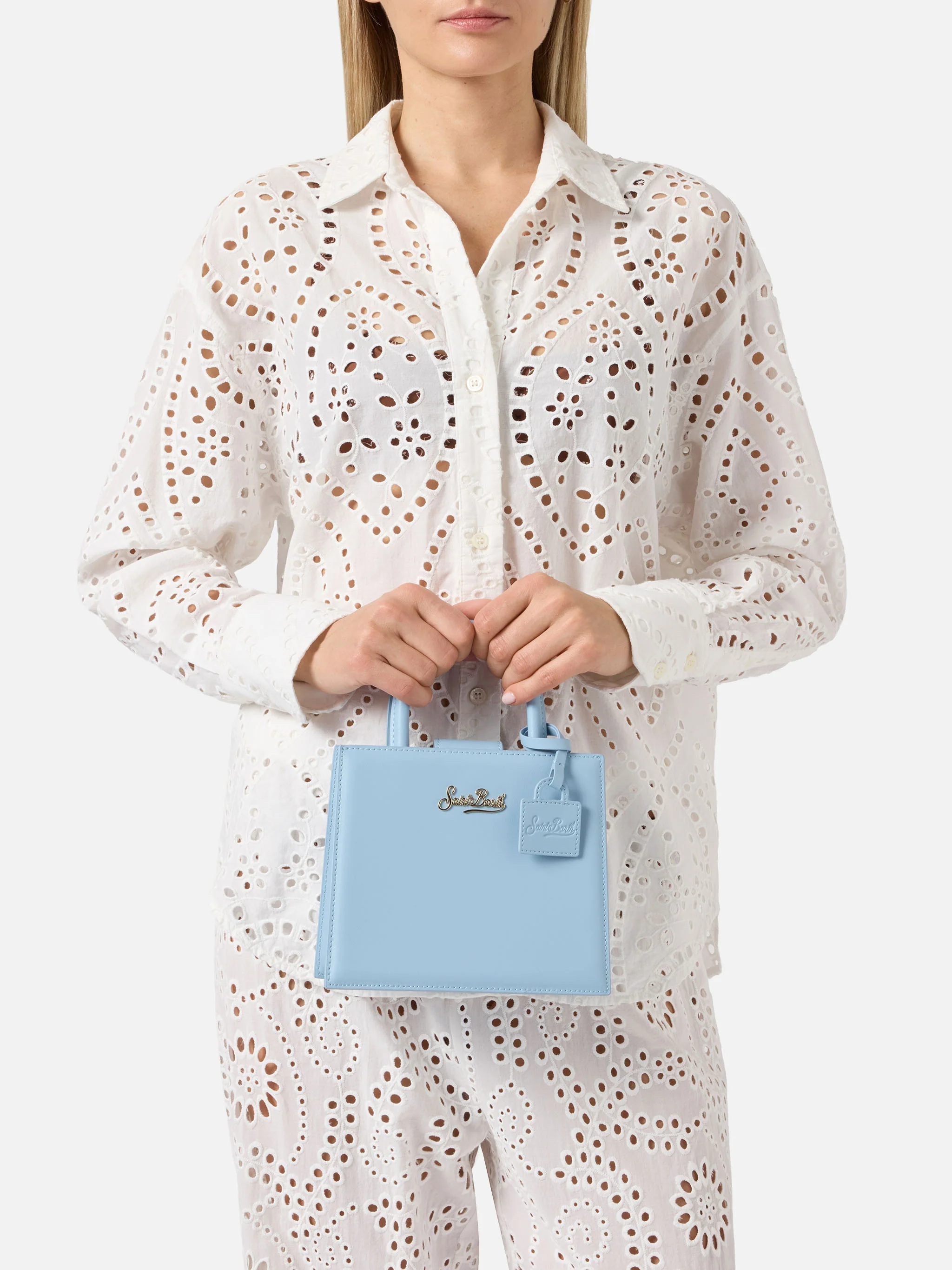 Borsa Shop mini strutturata in pelle liscia azzurra con targhetta metallica - Image 2