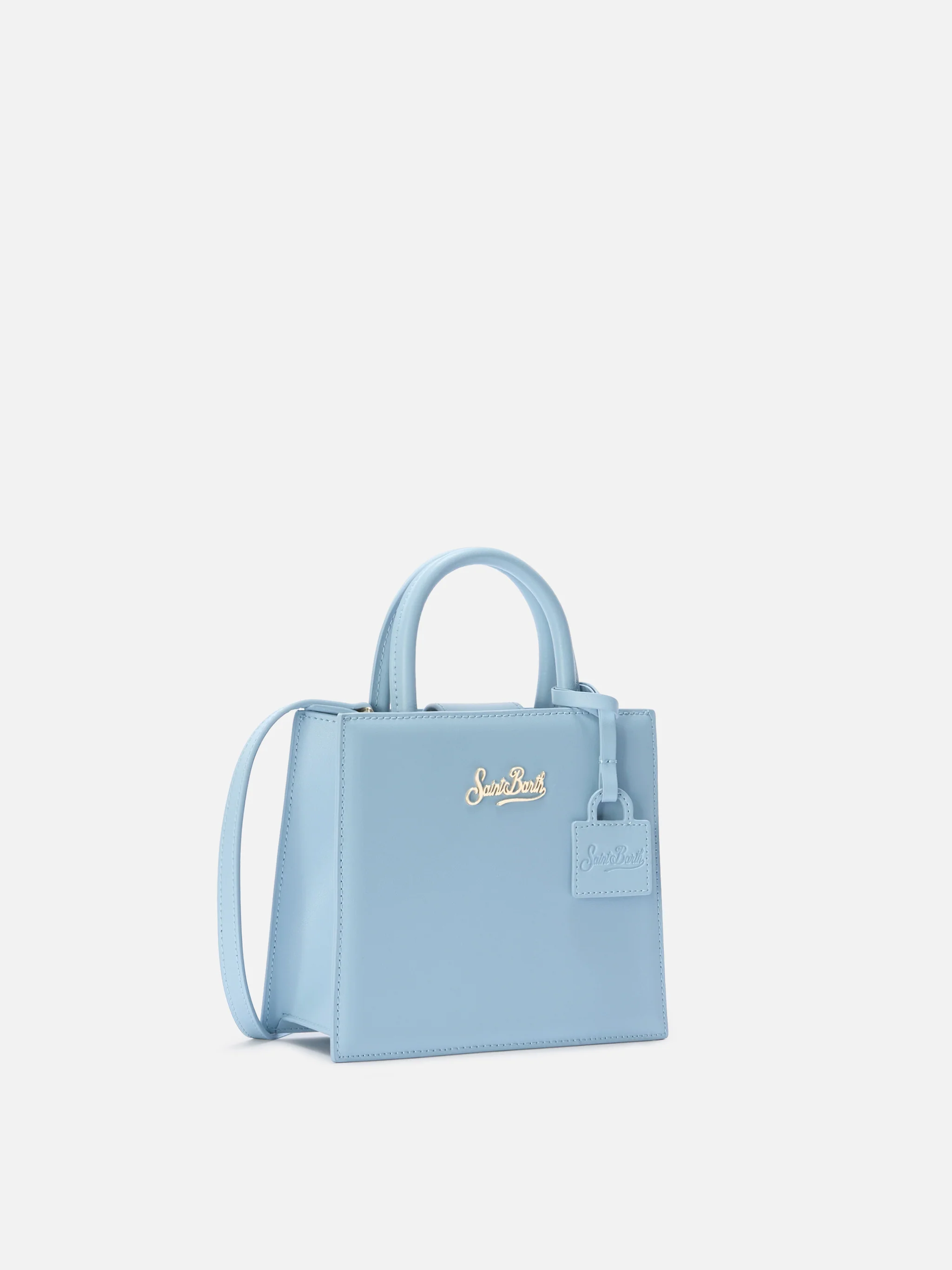 Borsa Shop mini strutturata in pelle liscia azzurra con targhetta metallica - Image 3