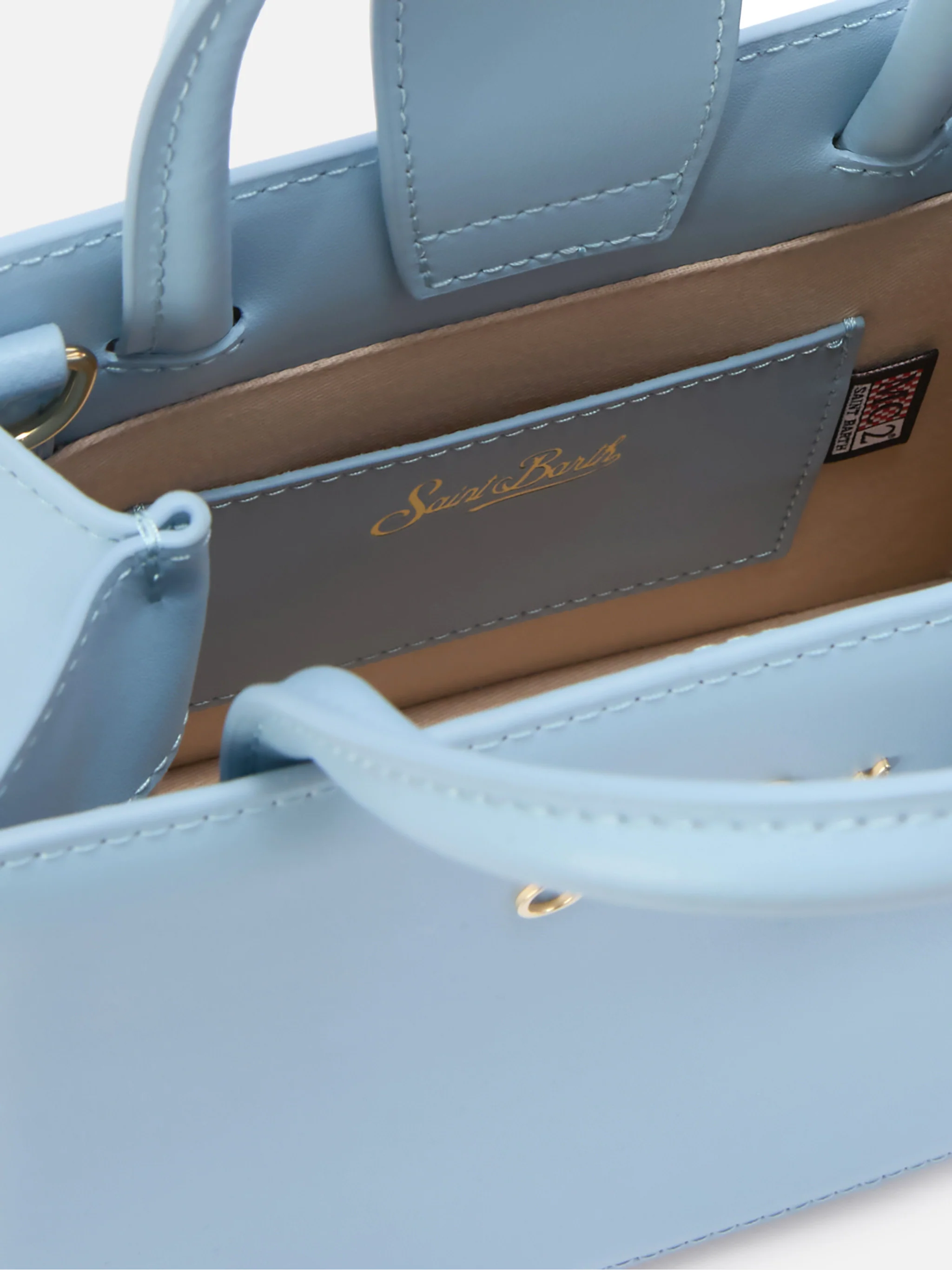 Borsa Shop mini strutturata in pelle liscia azzurra con targhetta metallica - Image 5