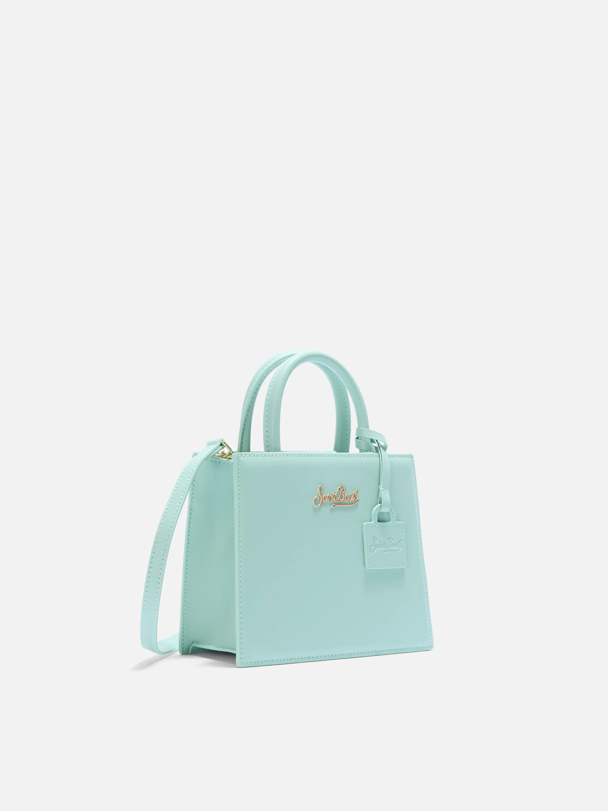 Borsa Shop mini strutturata in pelle liscia verde menta con targhetta metallica - Image 3