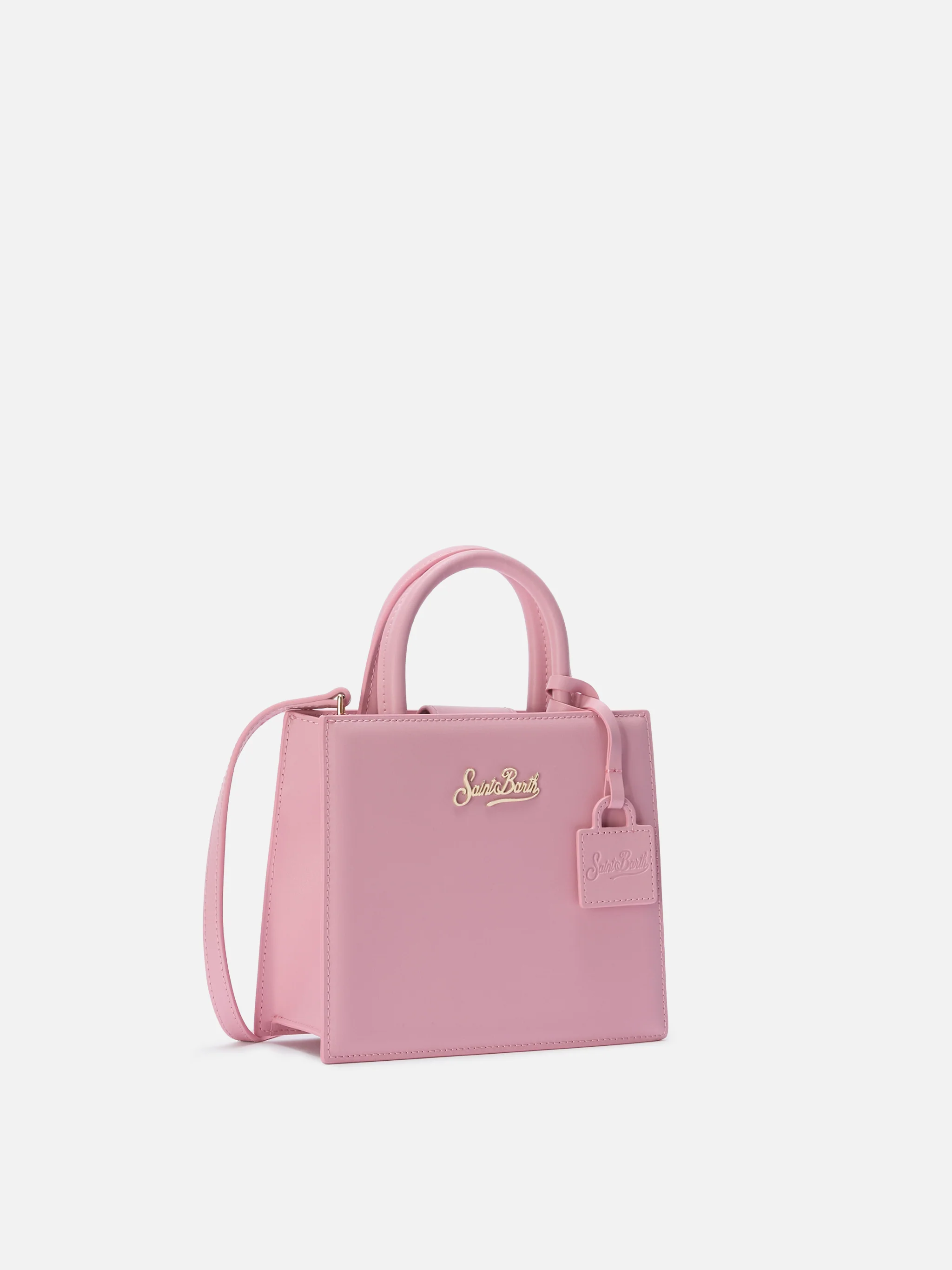 Borsa Shop mini strutturata in pelle liscia rosa con targhetta metallica - Image 3