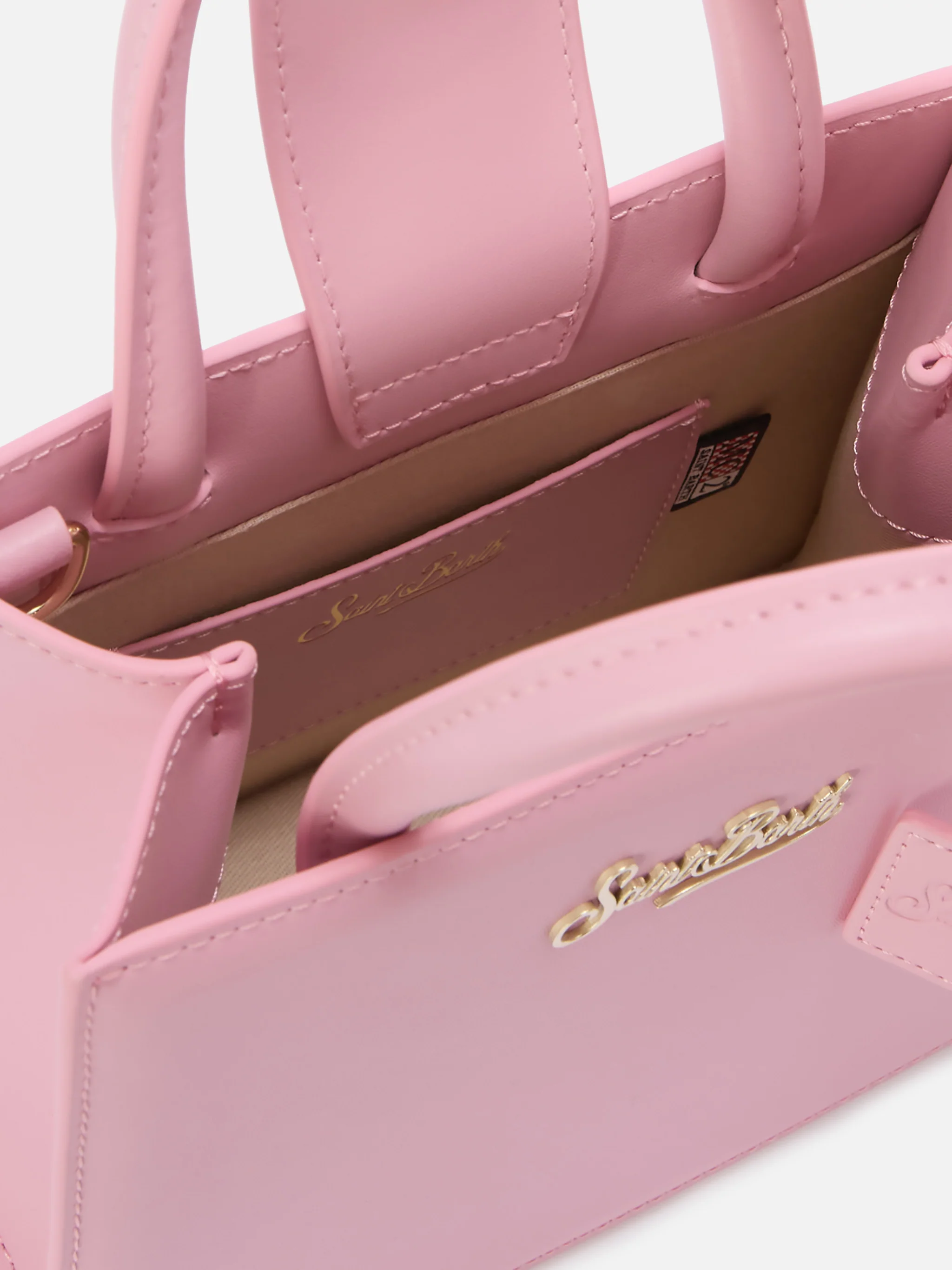 Borsa Shop mini strutturata in pelle liscia rosa con targhetta metallica - Image 5