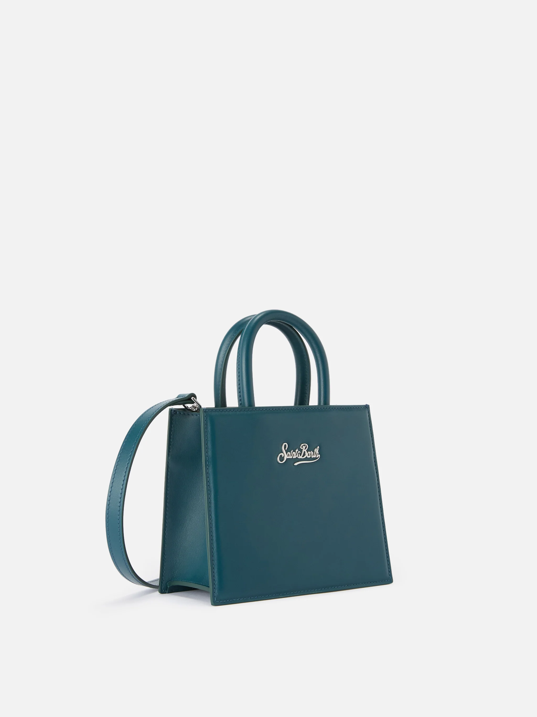Borsa Shop mini strutturata in pelle liscia ottanio con targhetta metallica - Image 2