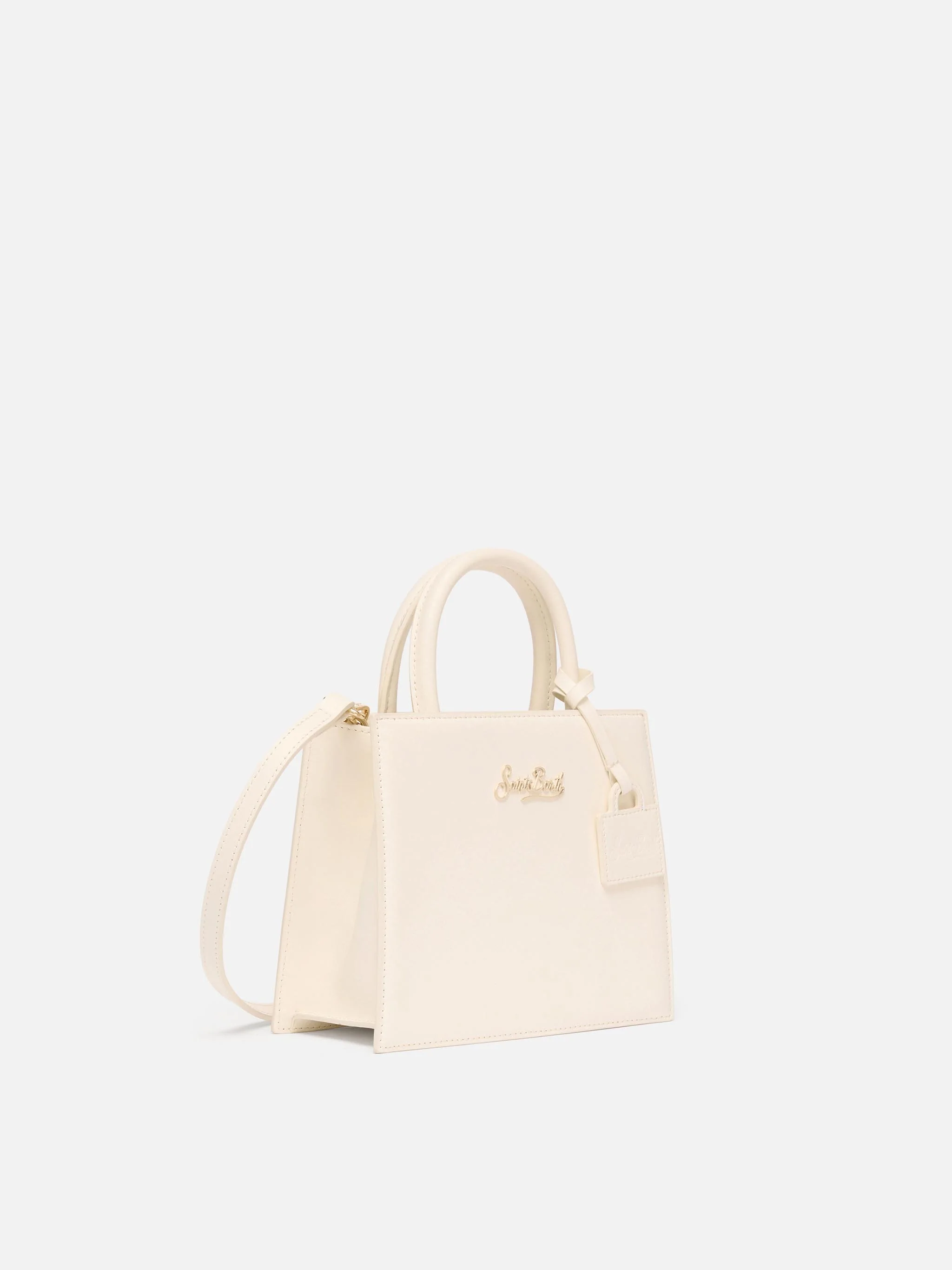 Borsa Shop mini strutturata in pelle liscia bianca con targhetta metallica - Image 3
