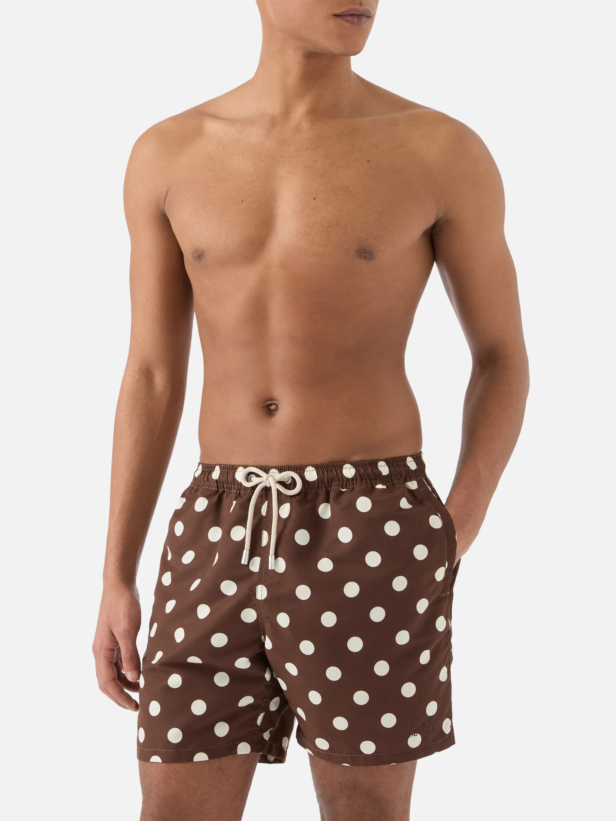 Costume mare Syros marrone con ricamo pois a contrasto - Image 3