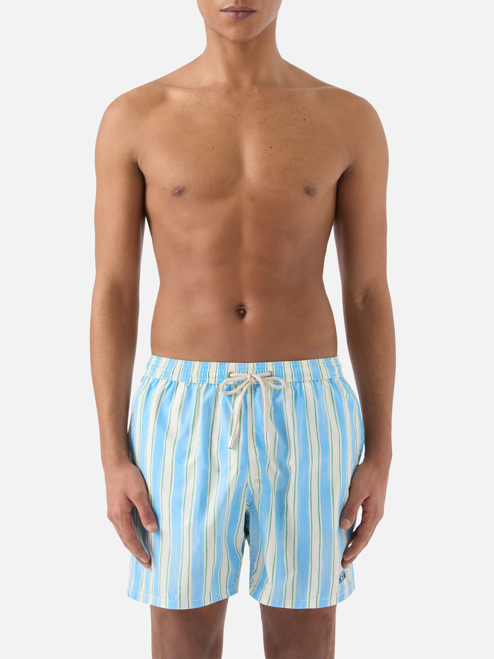 Costume mare Syros a righe azzurre con ricamo logo - Image 3