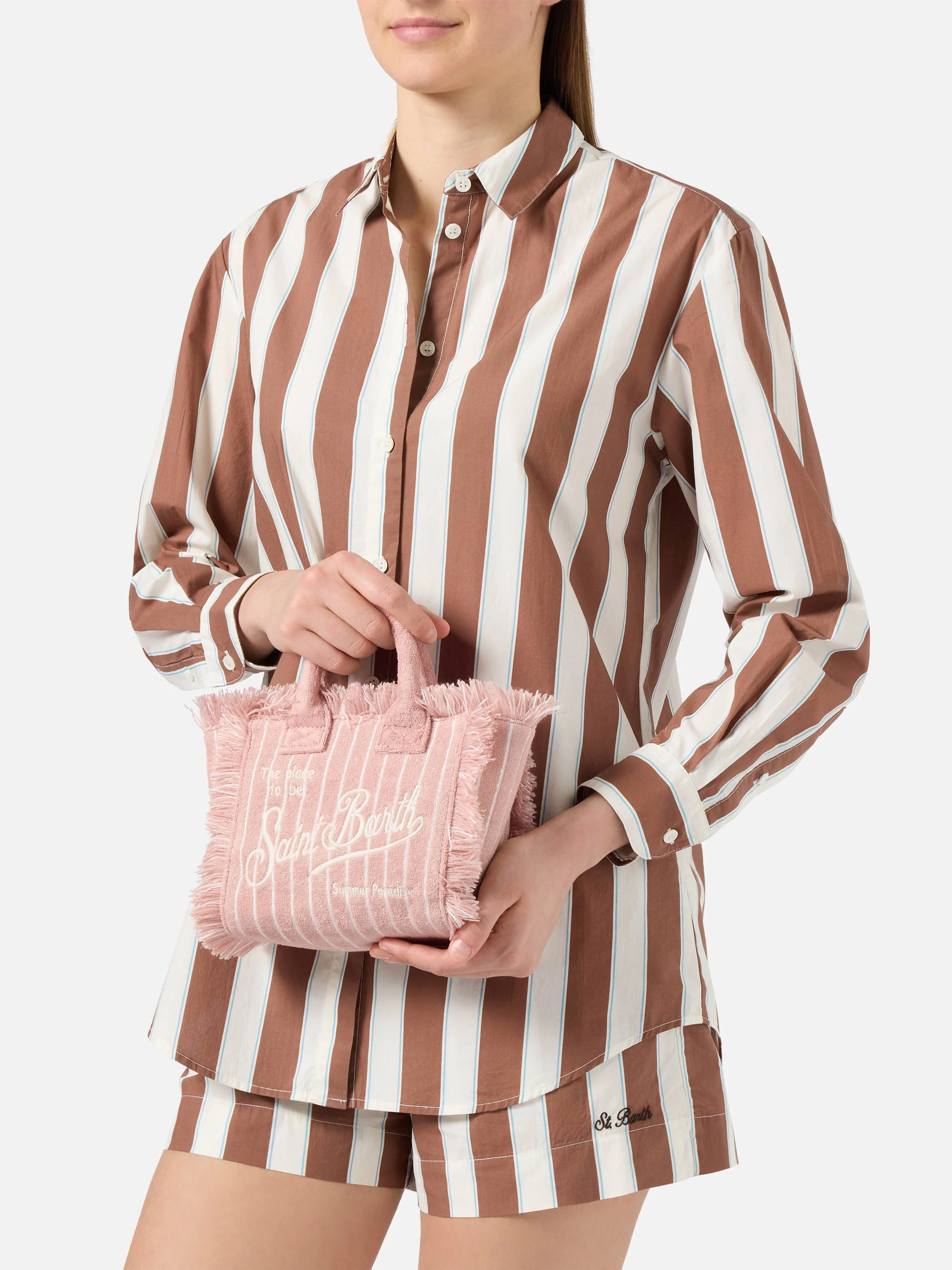 Borsa Vanity mini in tessuto effetto spugna a righe rosa - Image 2