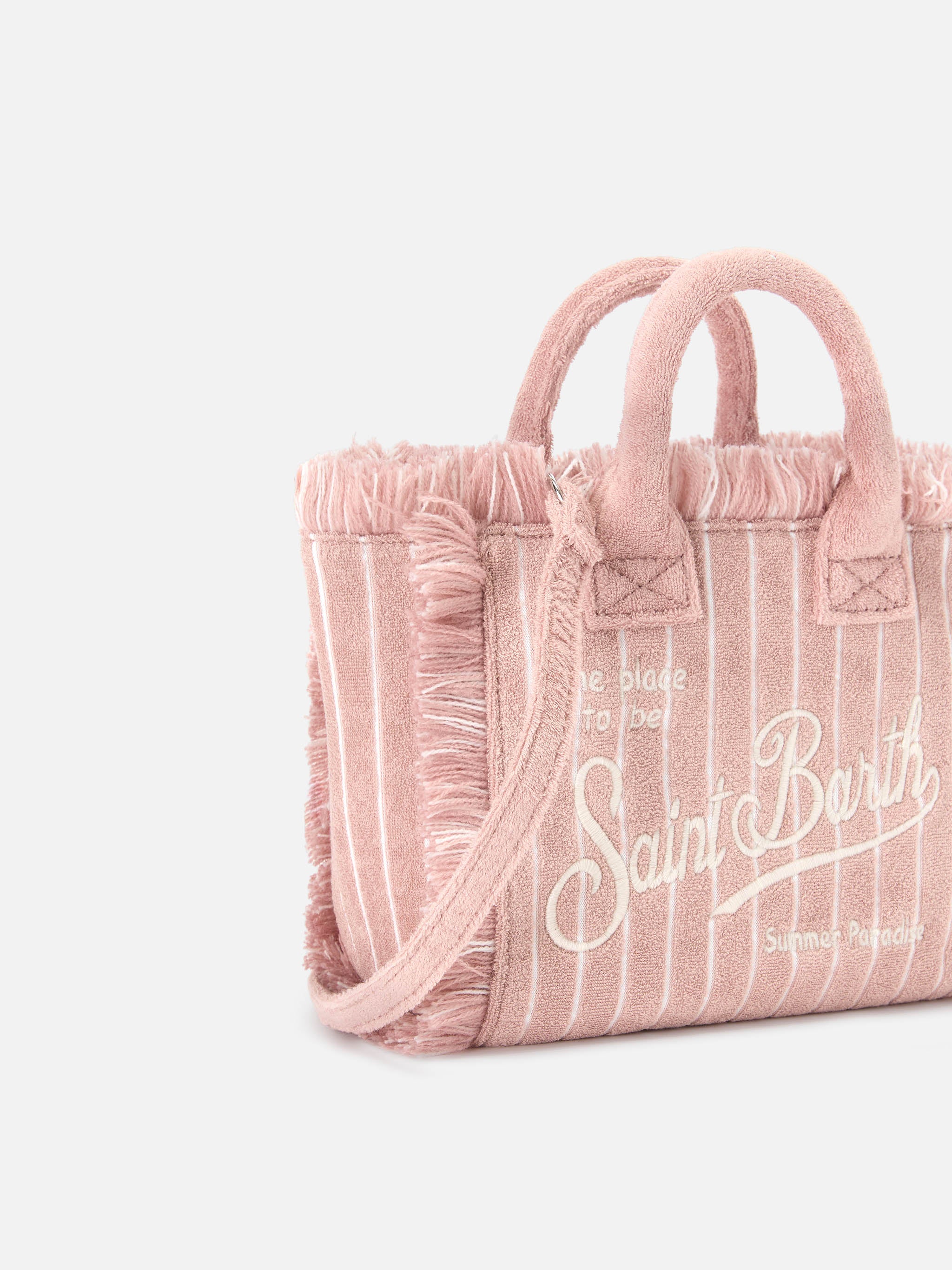 Borsa Vanity mini in tessuto effetto spugna a righe rosa - Image 3